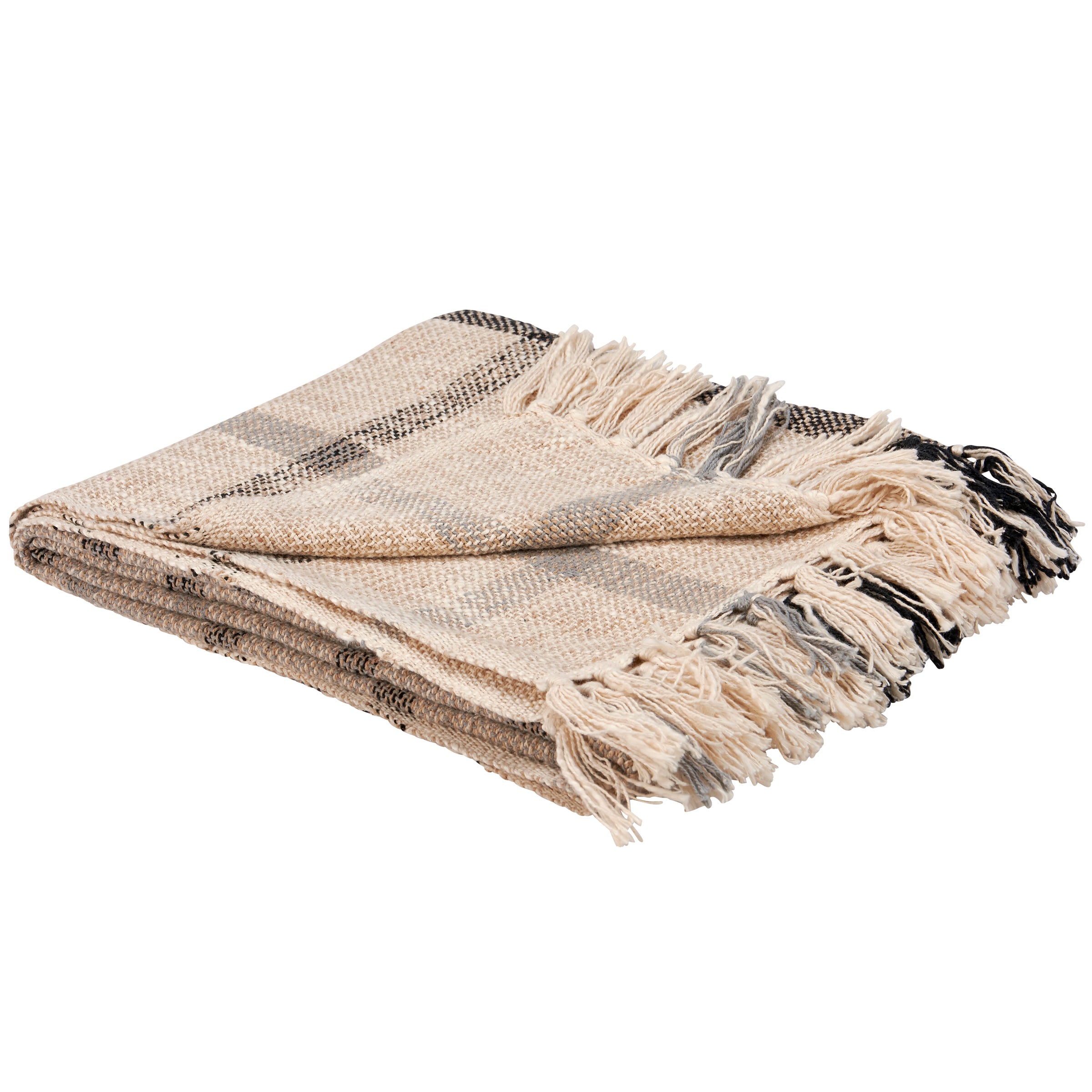 Cozy Cotton Shepherd Plaid Throw Blanket with Tassels - Neutral Rustic Home Decor