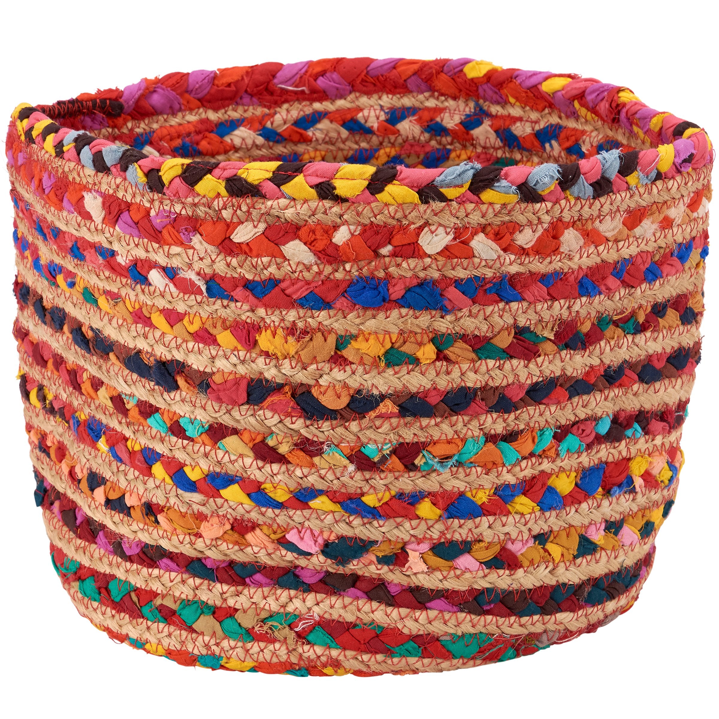 Vibrant Chindi Braided Storage Bin - Handwoven Jute & Fabric Accent Basket