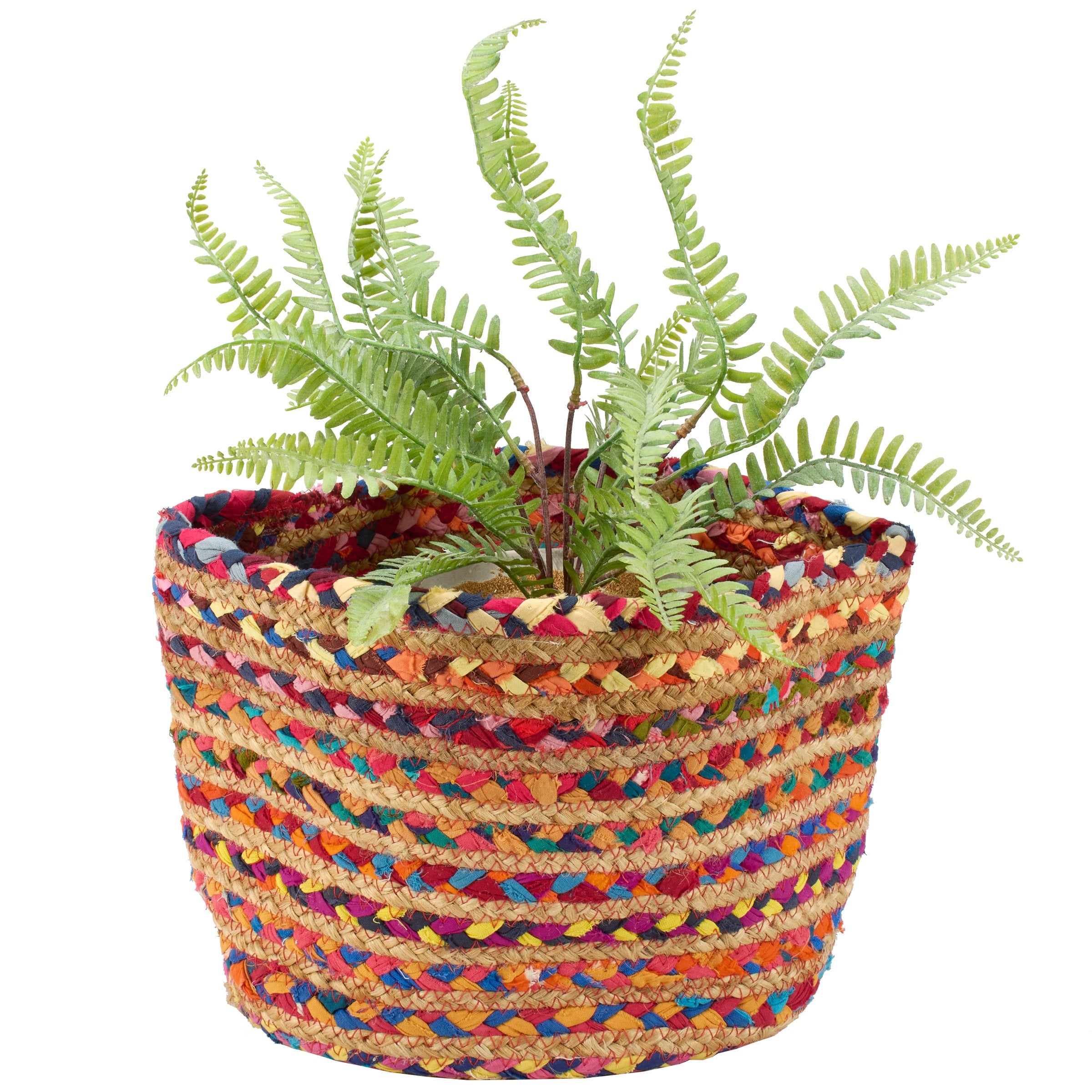 Vibrant Chindi Braided Storage Bin - Handwoven Jute & Fabric Accent Basket