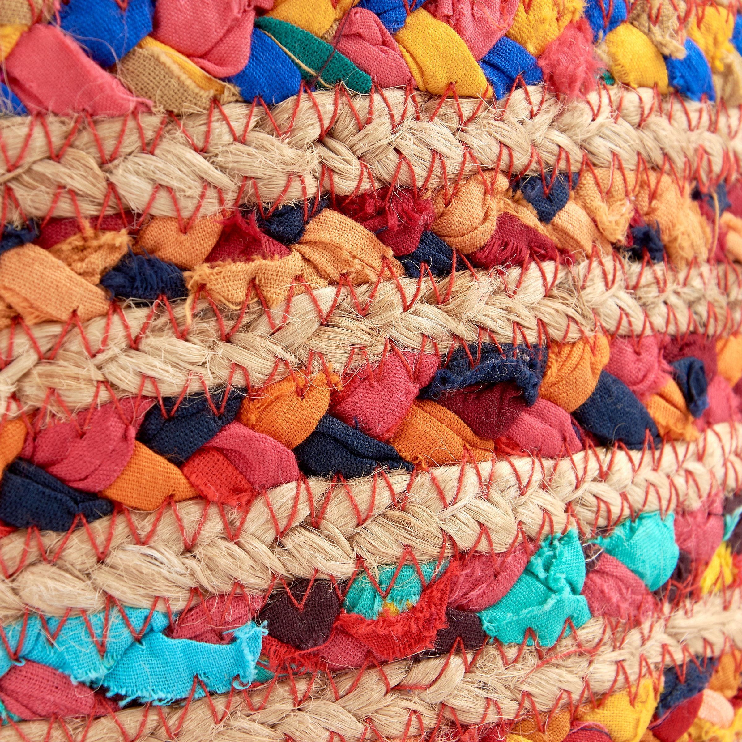 Vibrant Chindi Braided Storage Bin - Handwoven Jute & Fabric Accent Basket