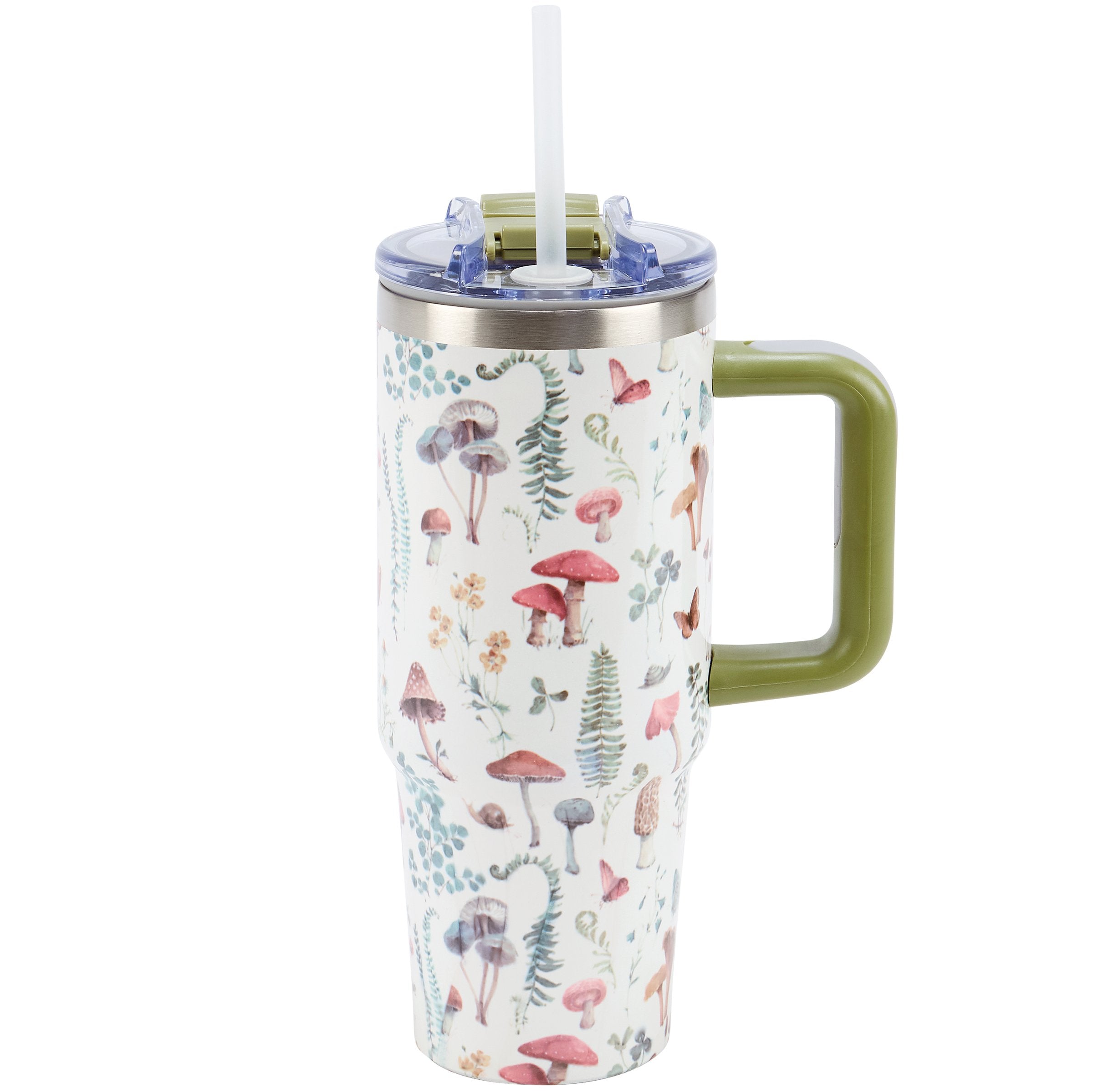 Charming 30oz Insulated Mushroom & Wildflower Travel Mug with Handle & Straw