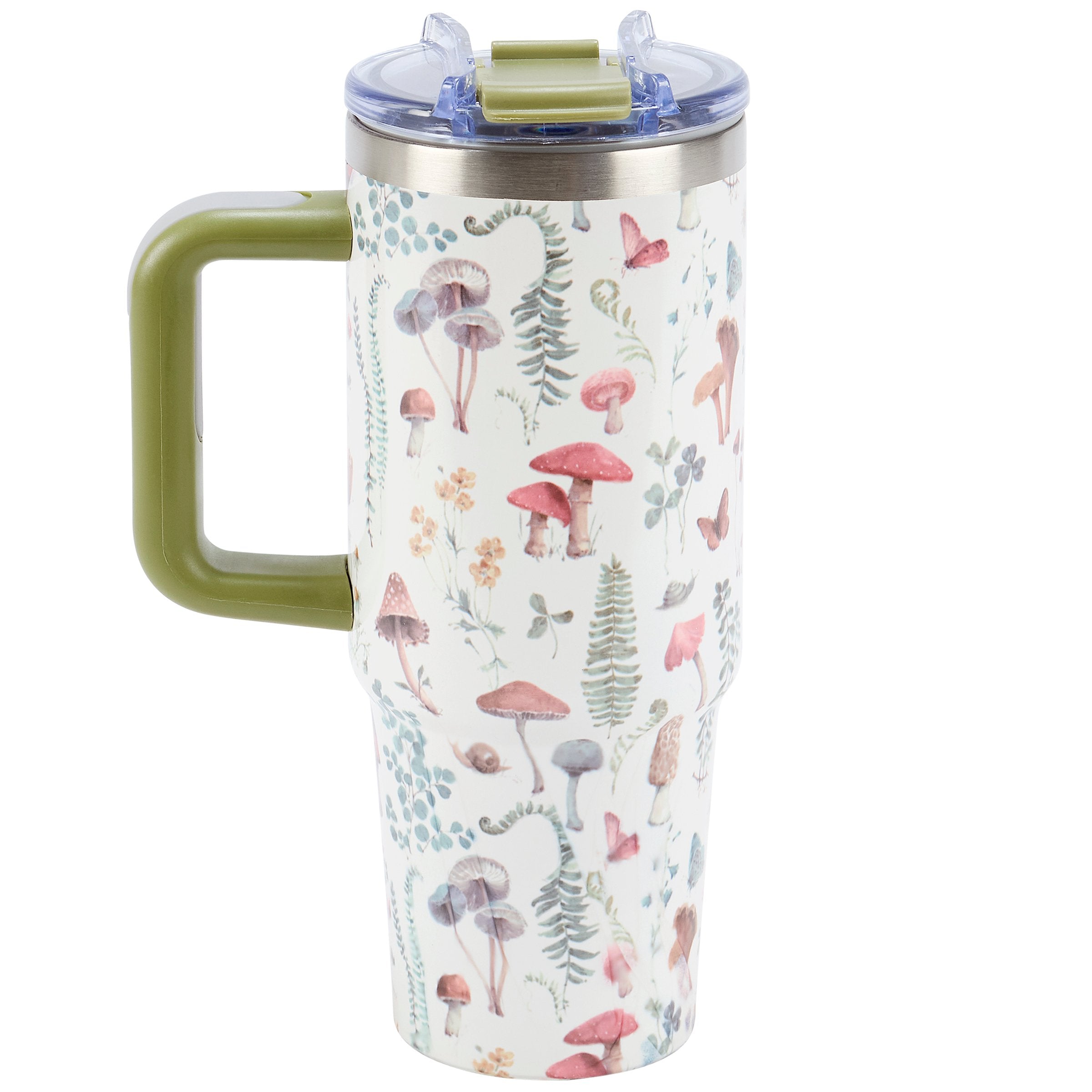 Charming 30oz Insulated Mushroom & Wildflower Travel Mug with Handle & Straw