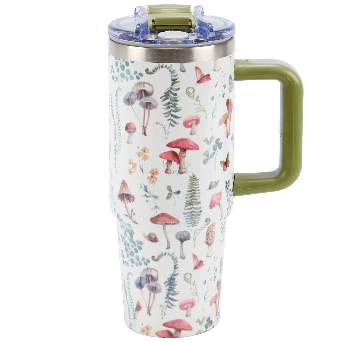 Charming 30oz Insulated Mushroom & Wildflower Travel Mug with Handle & Straw
