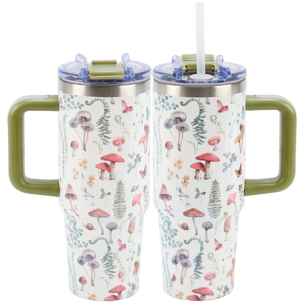 Charming 30oz Insulated Mushroom & Wildflower Travel Mug with Handle & Straw