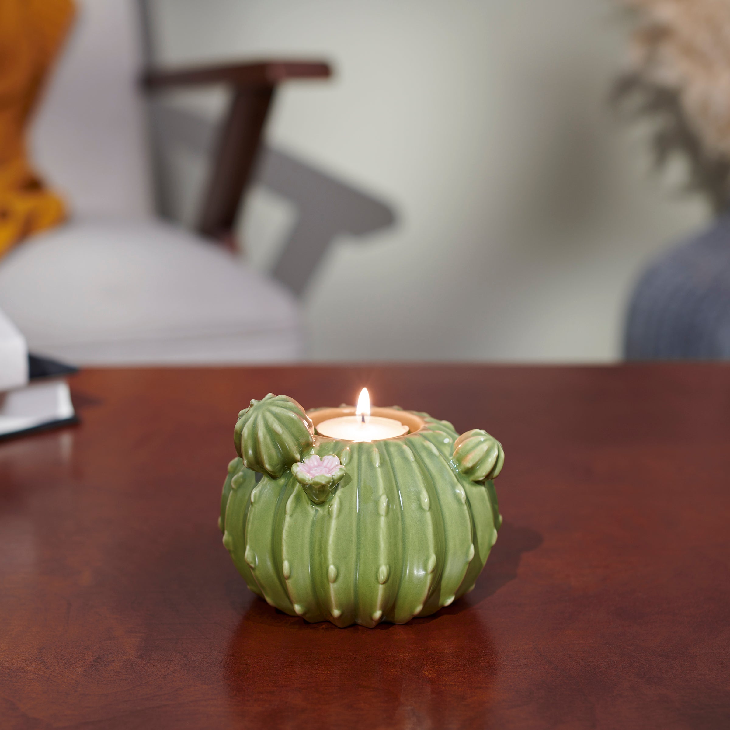 Charming Barrel Cactus Ceramic Tealight Candle Holder - Western Home Decor Accent