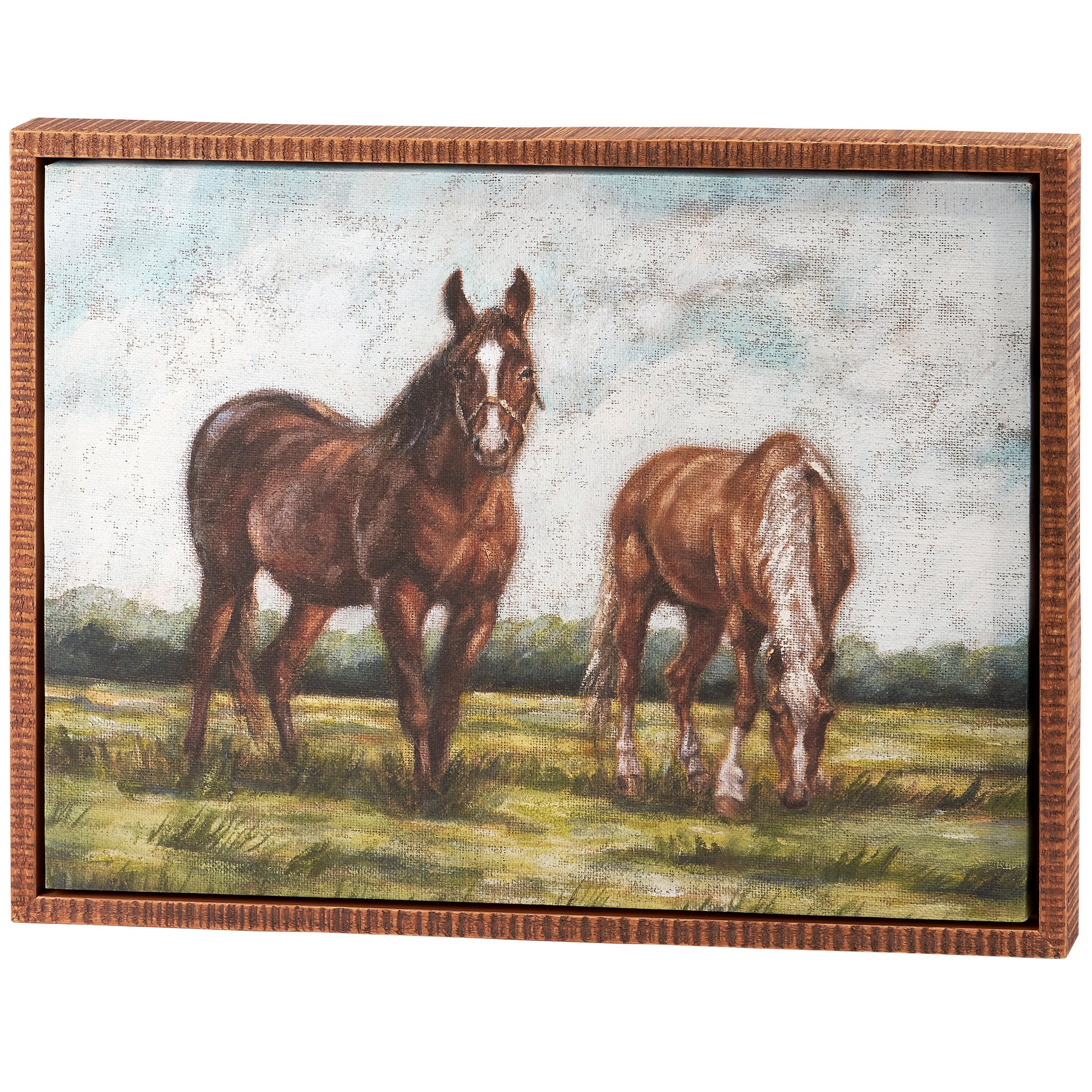 Rustic Farmhouse Grazing Horses Canvas Wall Art with Natural Wood Frame