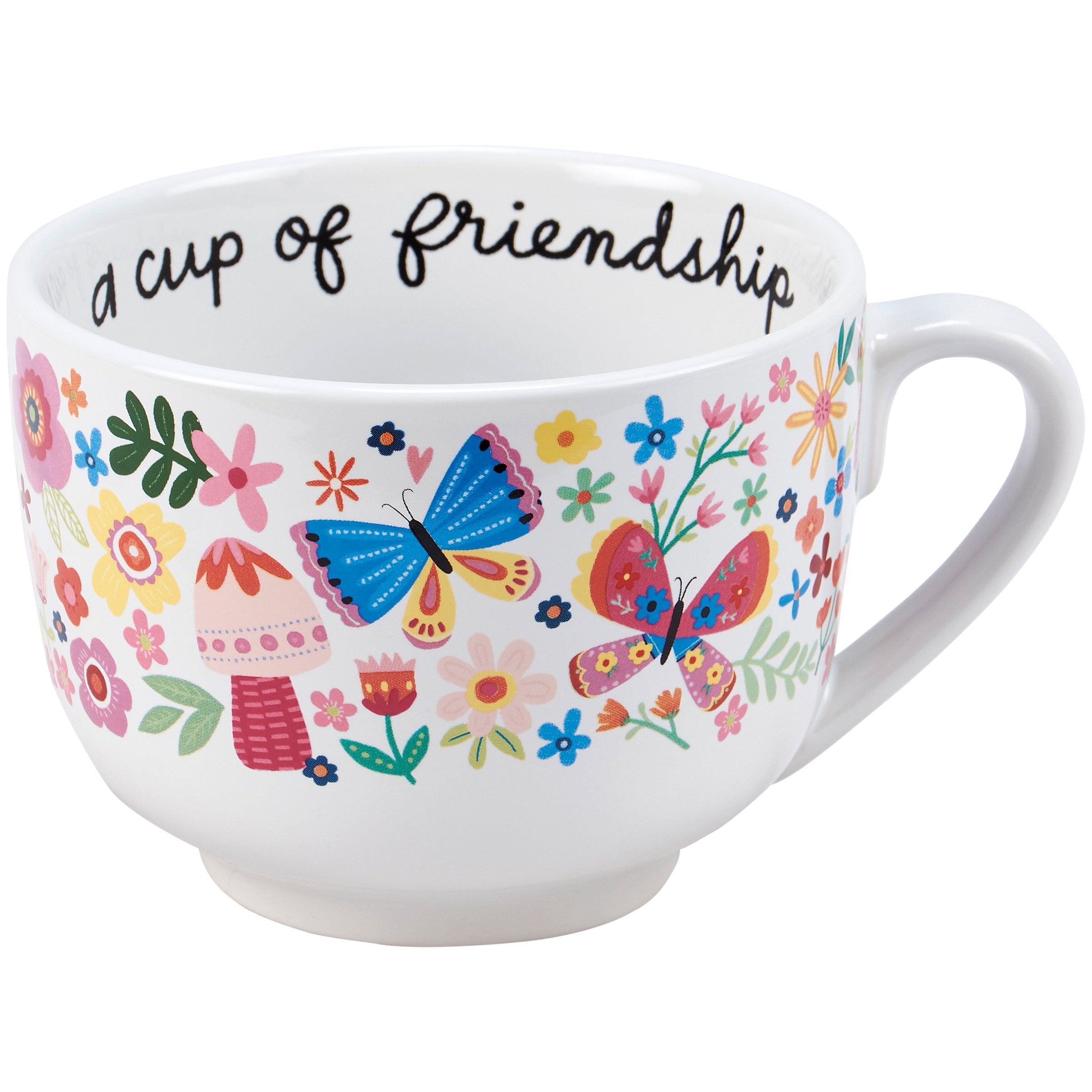 Charming Stoneware Friendship Mug with Hand-Illustrated Florals & Butterflies, 20 oz