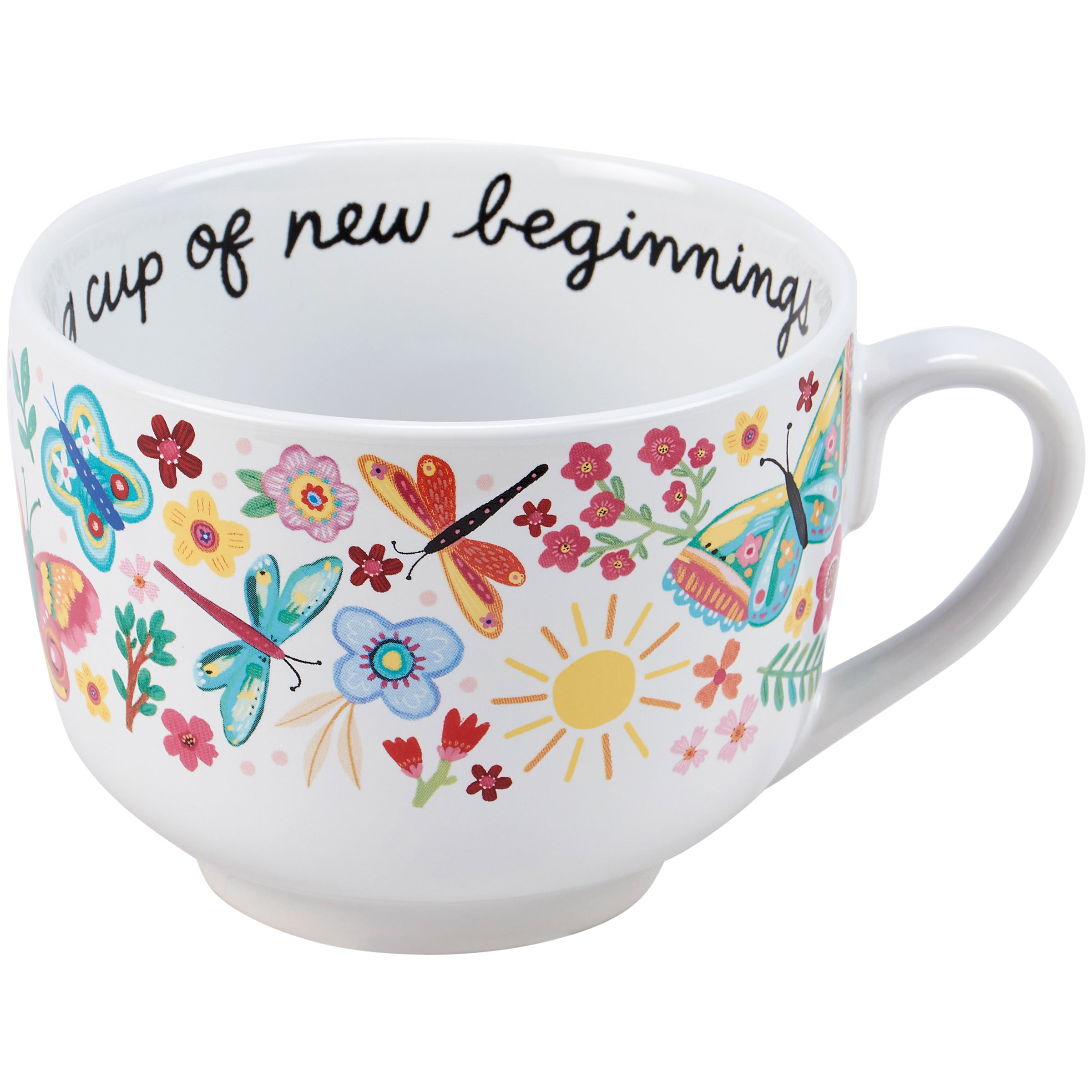 20 oz Stoneware 'A Cup Of New Beginnings' Floral Butterfly Dragonfly Mug