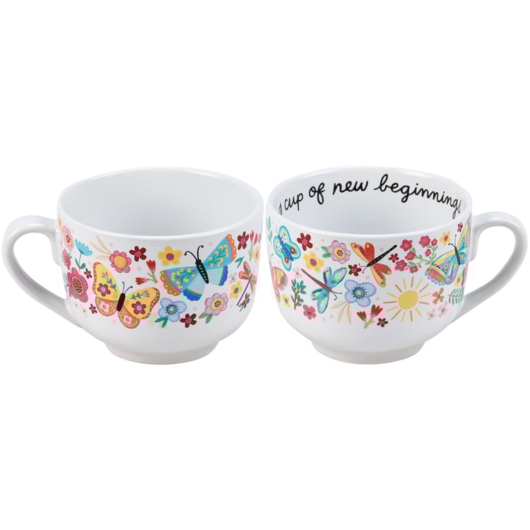 20 oz Stoneware 'A Cup Of New Beginnings' Floral Butterfly Dragonfly Mug