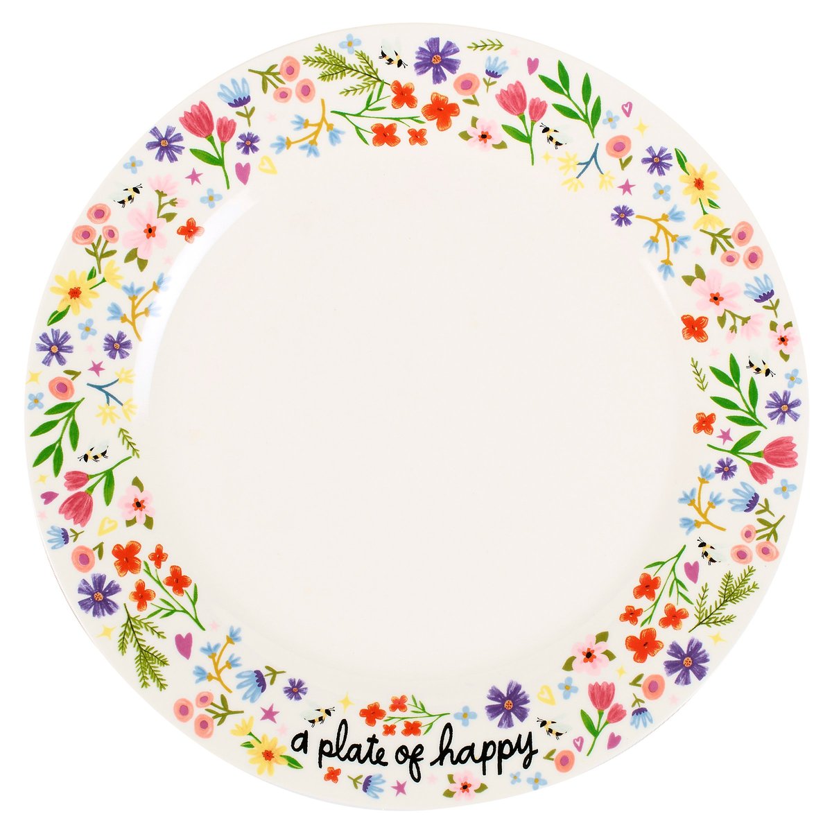 Delightful Stoneware Plate: Vibrant Floral 'A Plate Of Happy' Design, 10.25-inch Diameter