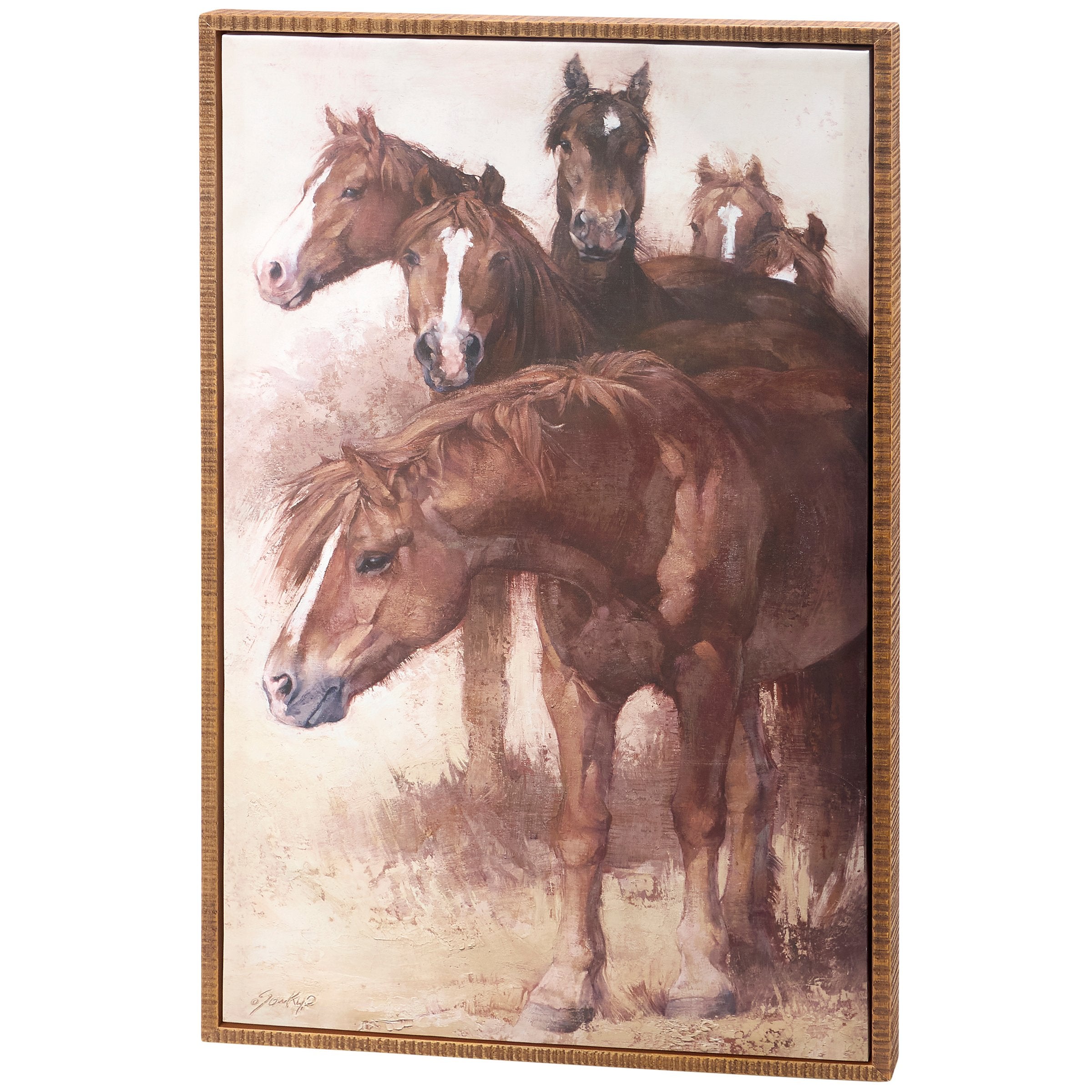 Majestic Stallions Western Canvas Wall Art, Floating Natural Wood Frame, Hand-Painted Look