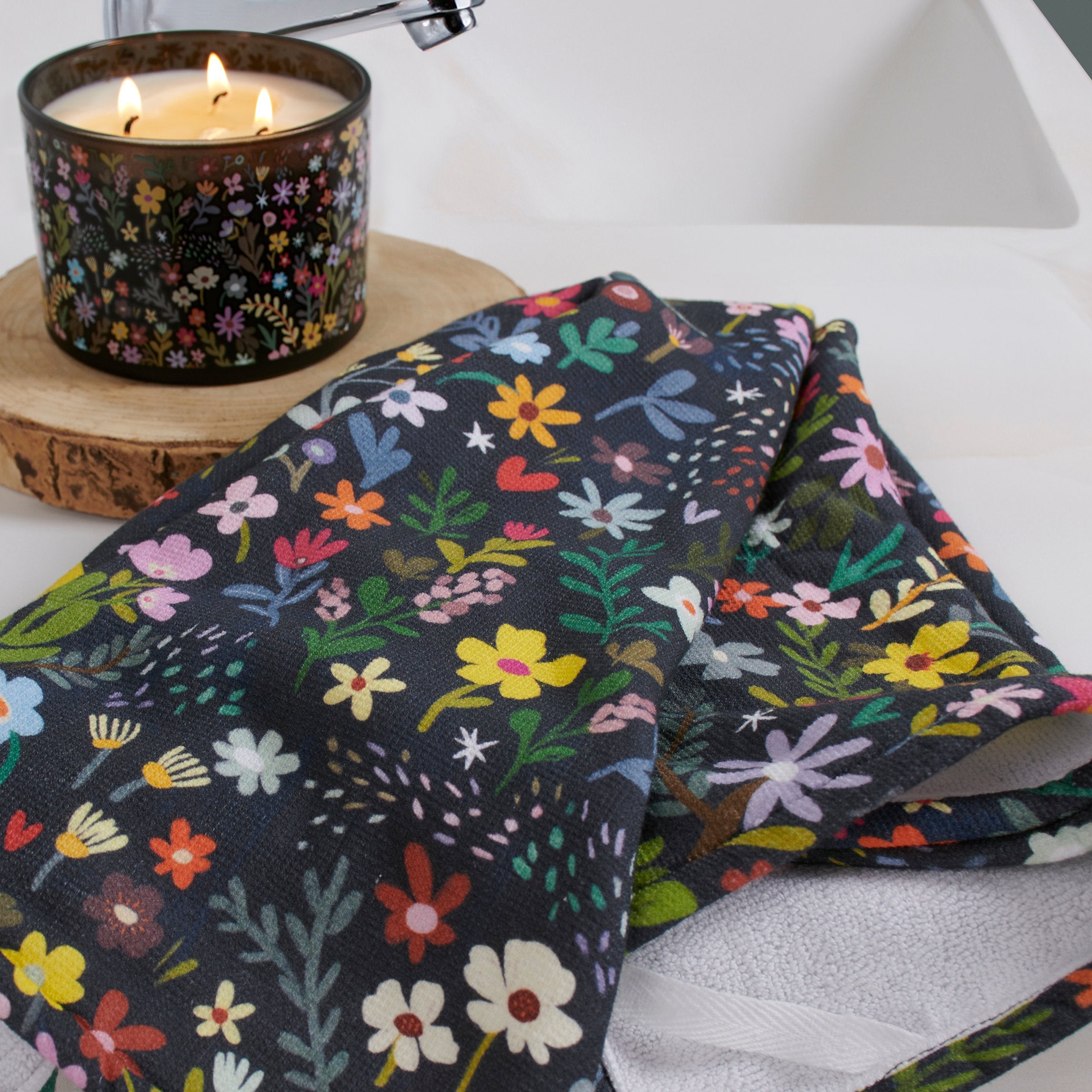 Vibrant Dark Floral Cotton Kitchen Towel with Terrycloth Back for Absorbency
