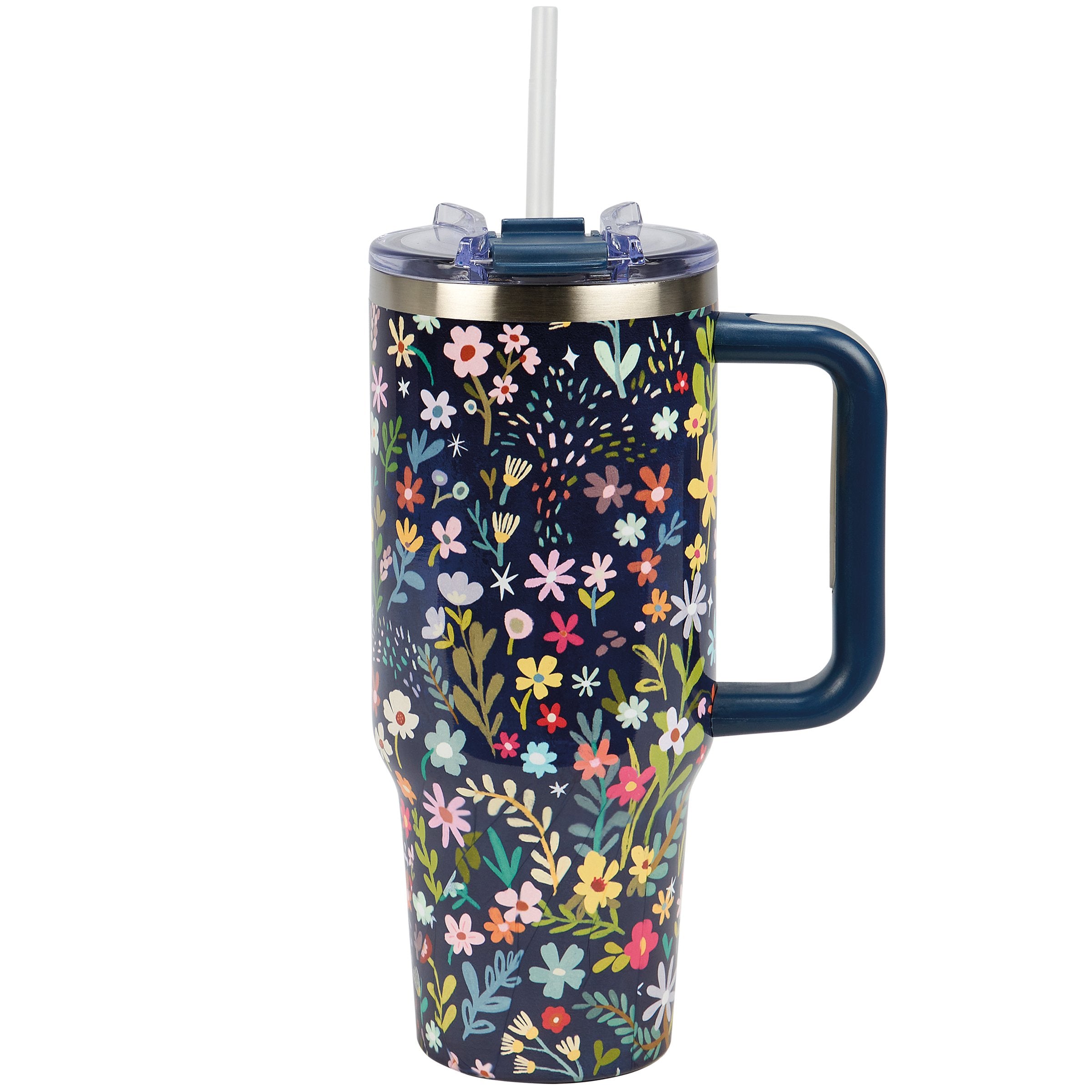 40oz Floral Insulated Stainless Steel Travel Mug, Handle, Straw, Multipurpose Lid