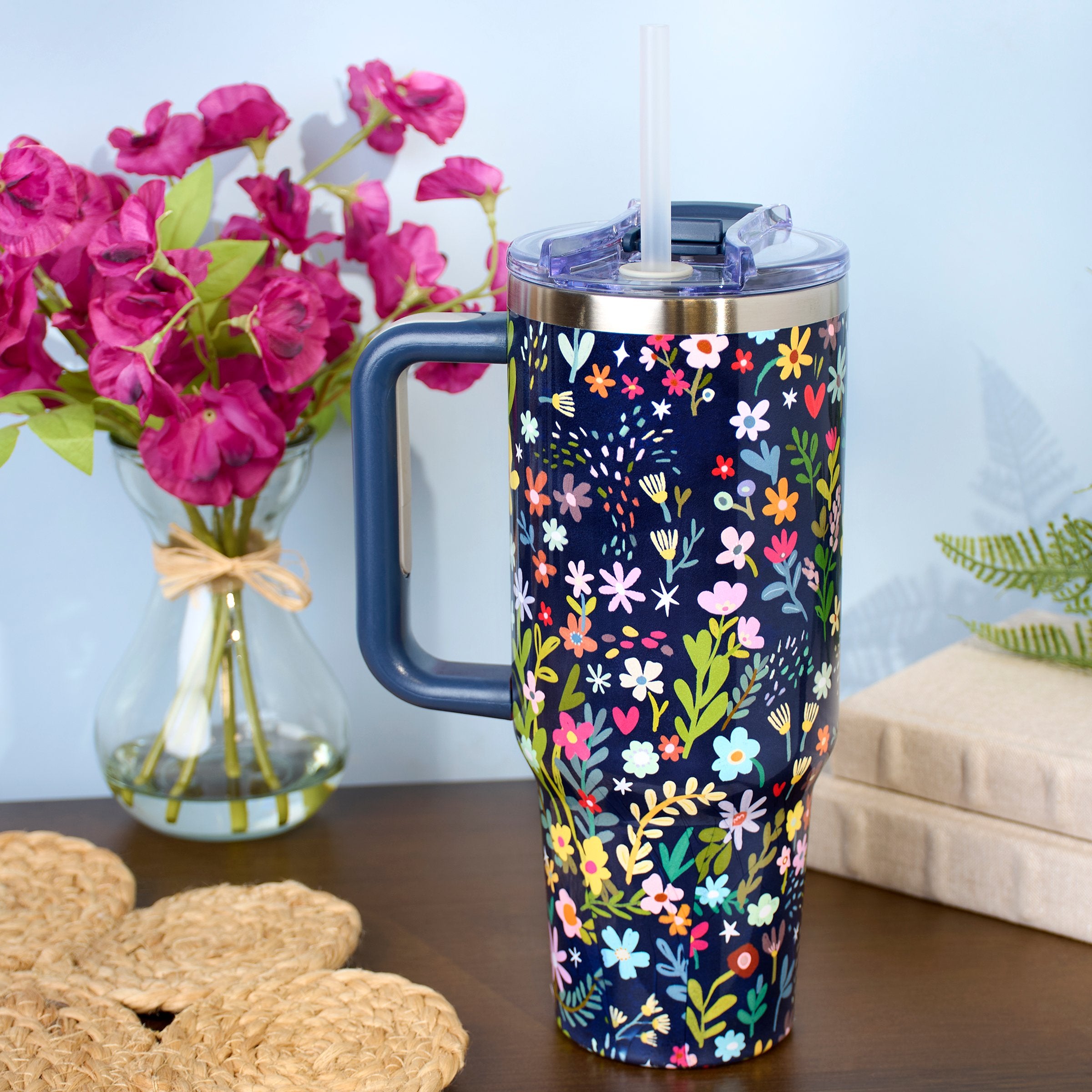 40oz Floral Insulated Stainless Steel Travel Mug, Handle, Straw, Multipurpose Lid