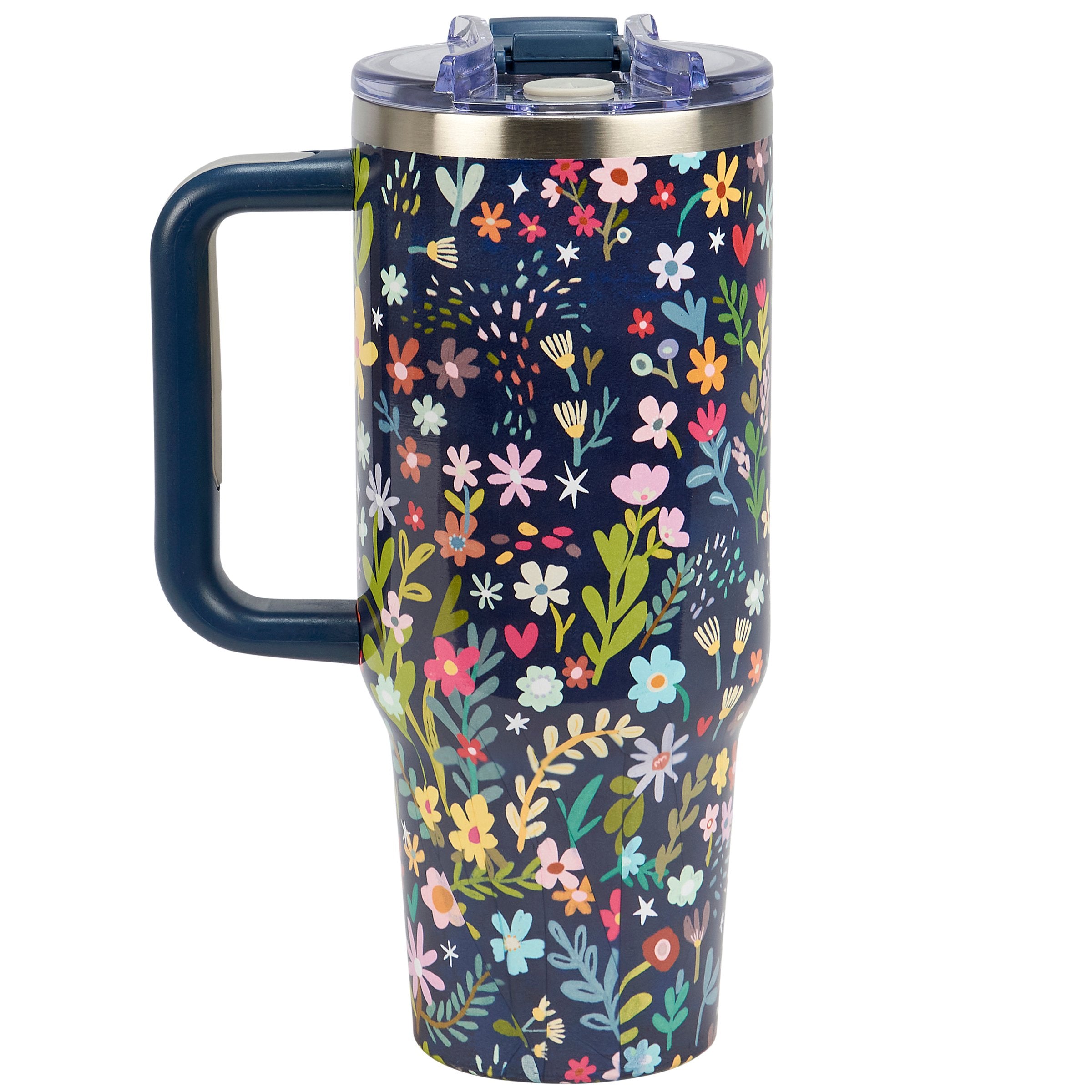 40oz Floral Insulated Stainless Steel Travel Mug, Handle, Straw, Multipurpose Lid