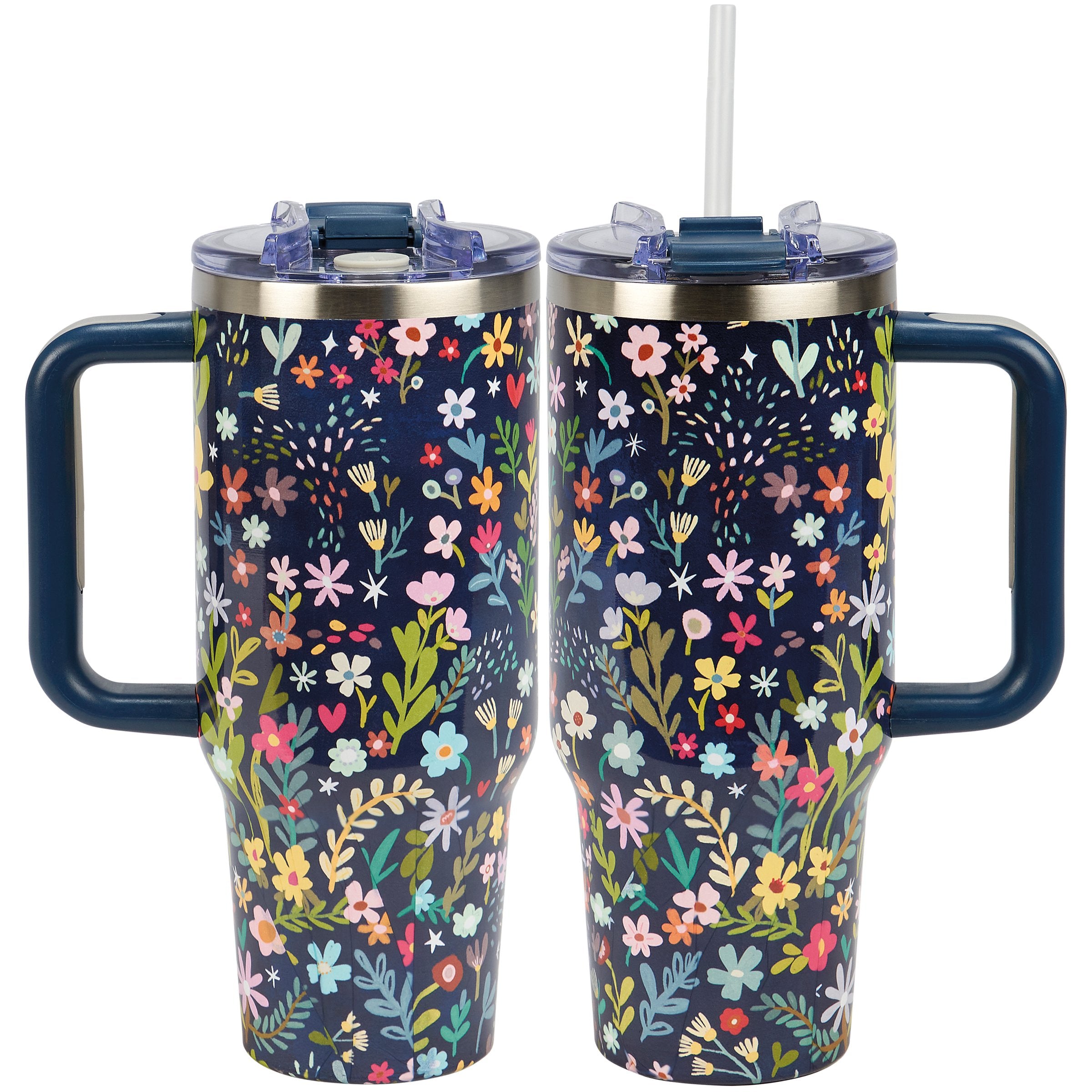 40oz Floral Insulated Stainless Steel Travel Mug, Handle, Straw, Multipurpose Lid