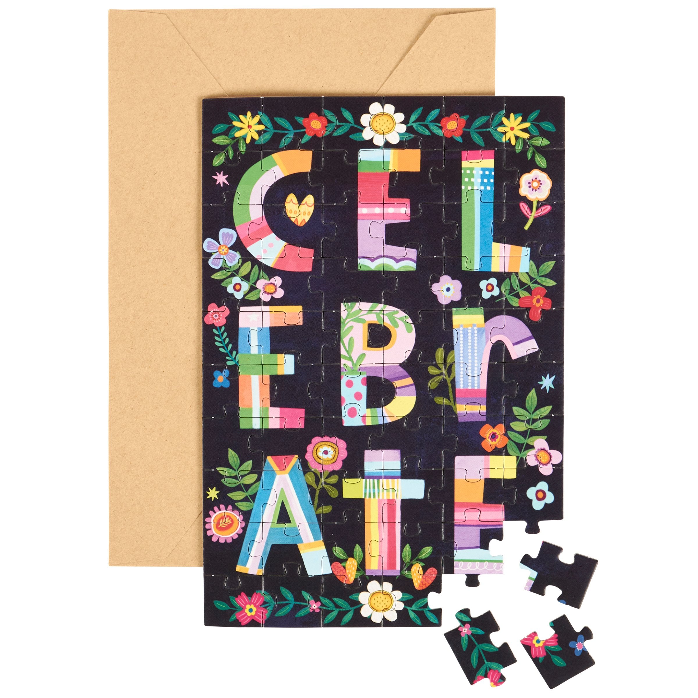 Interactive 'Celebrate' Floral 60-Piece Puzzle Card with Personalized Message Space