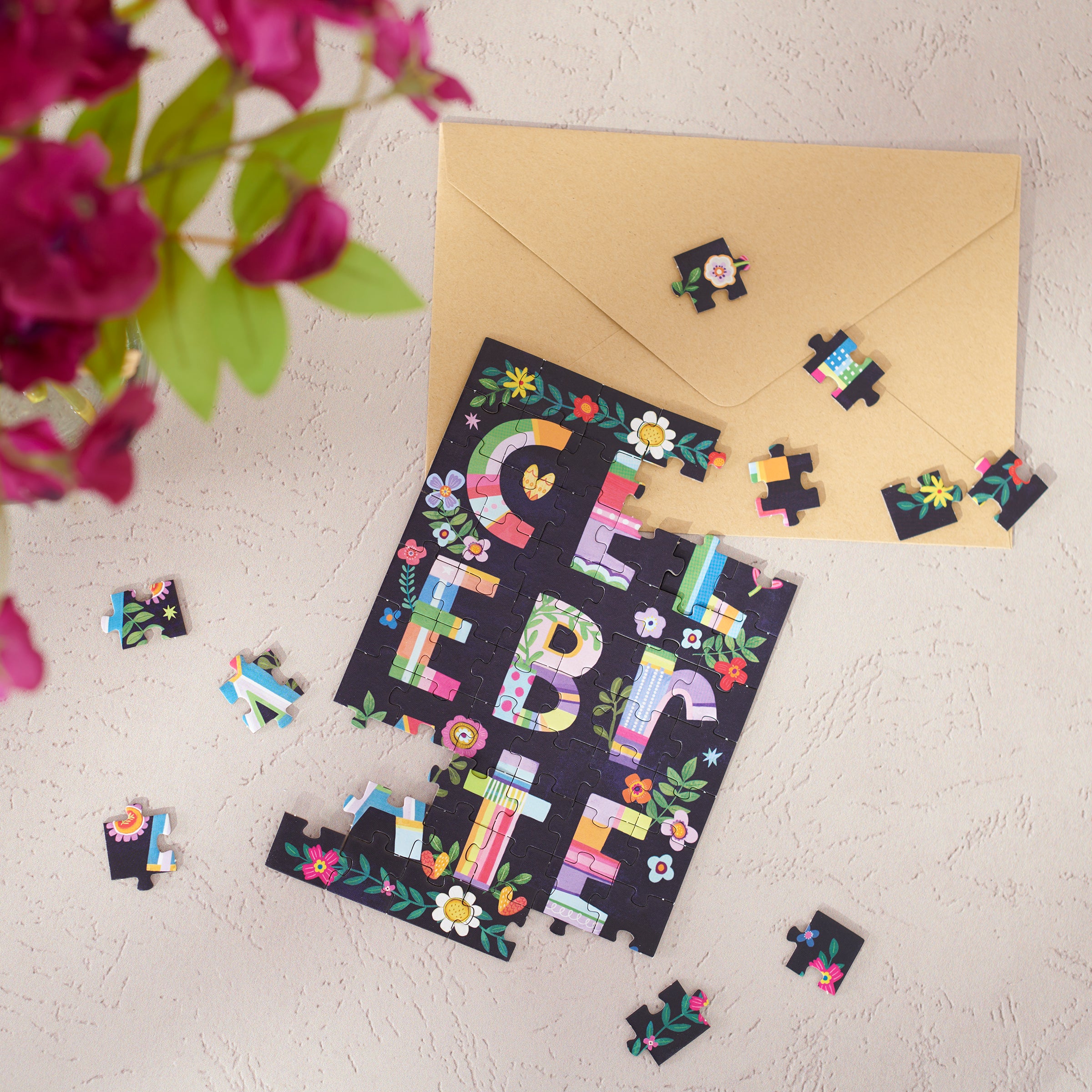 Interactive 'Celebrate' Floral 60-Piece Puzzle Card with Personalized Message Space