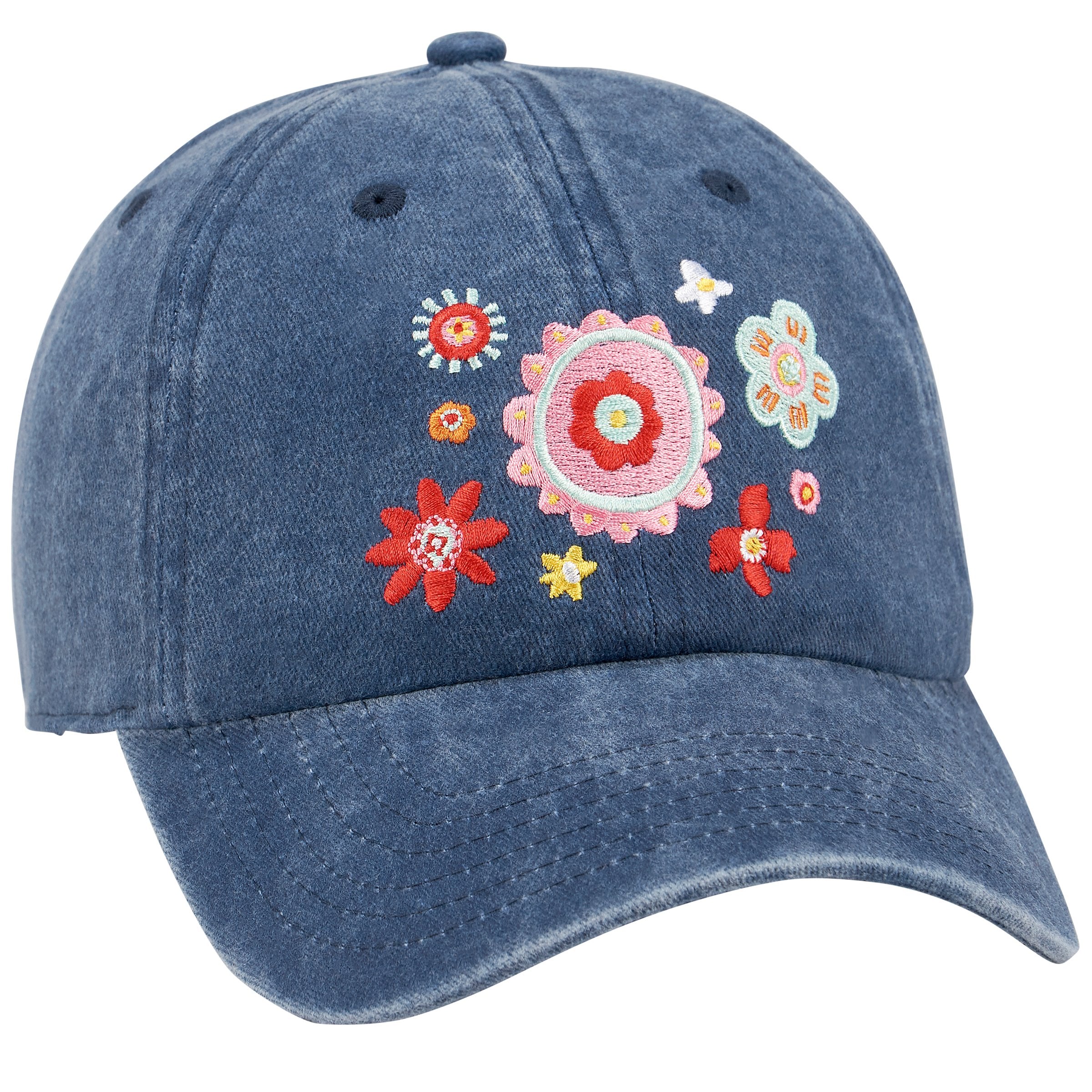 Stonewashed Blue Embroidered Floral 'Dream Big' Baseball Cap - Adjustable Cotton Hat