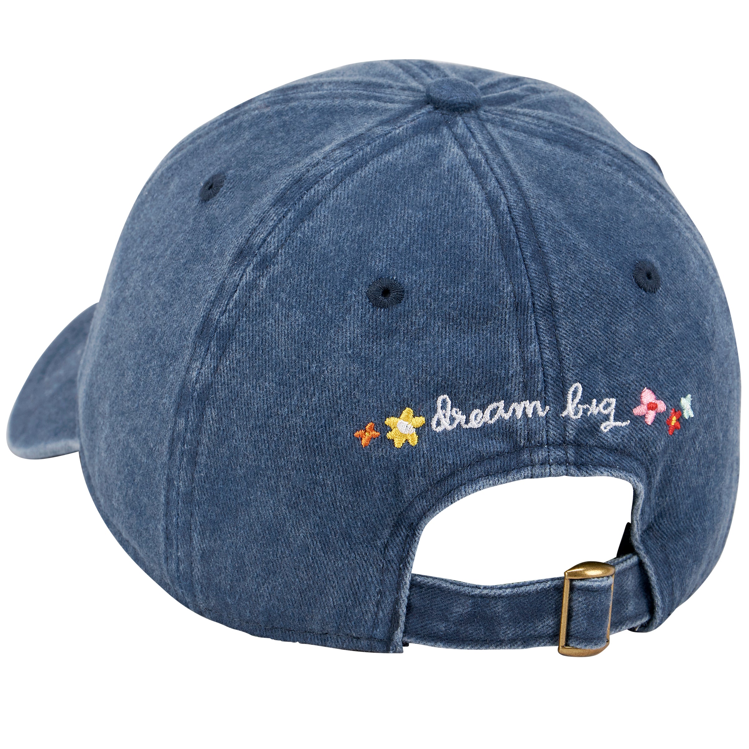 Stonewashed Blue Embroidered Floral 'Dream Big' Baseball Cap - Adjustable Cotton Hat