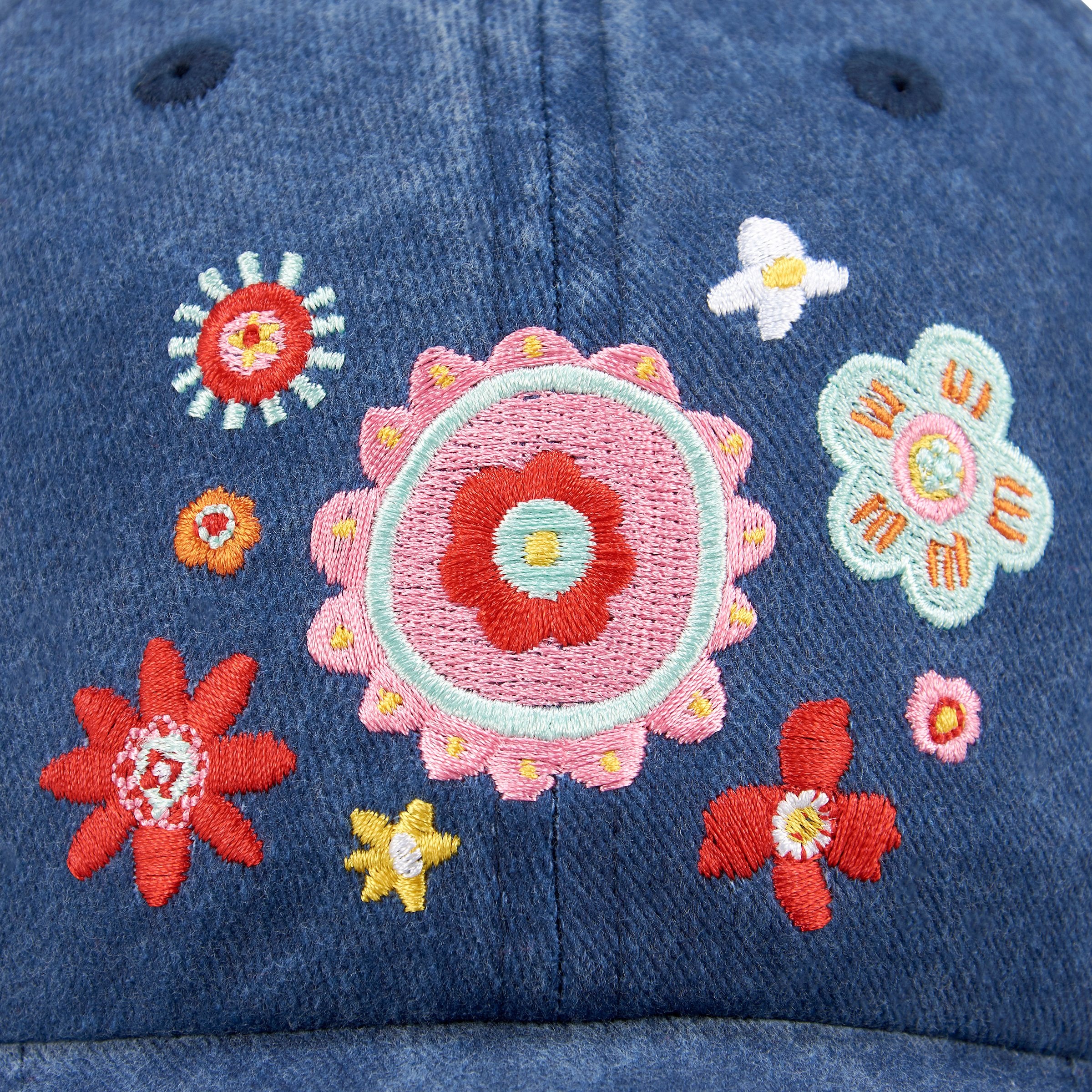 Stonewashed Blue Embroidered Floral 'Dream Big' Baseball Cap - Adjustable Cotton Hat
