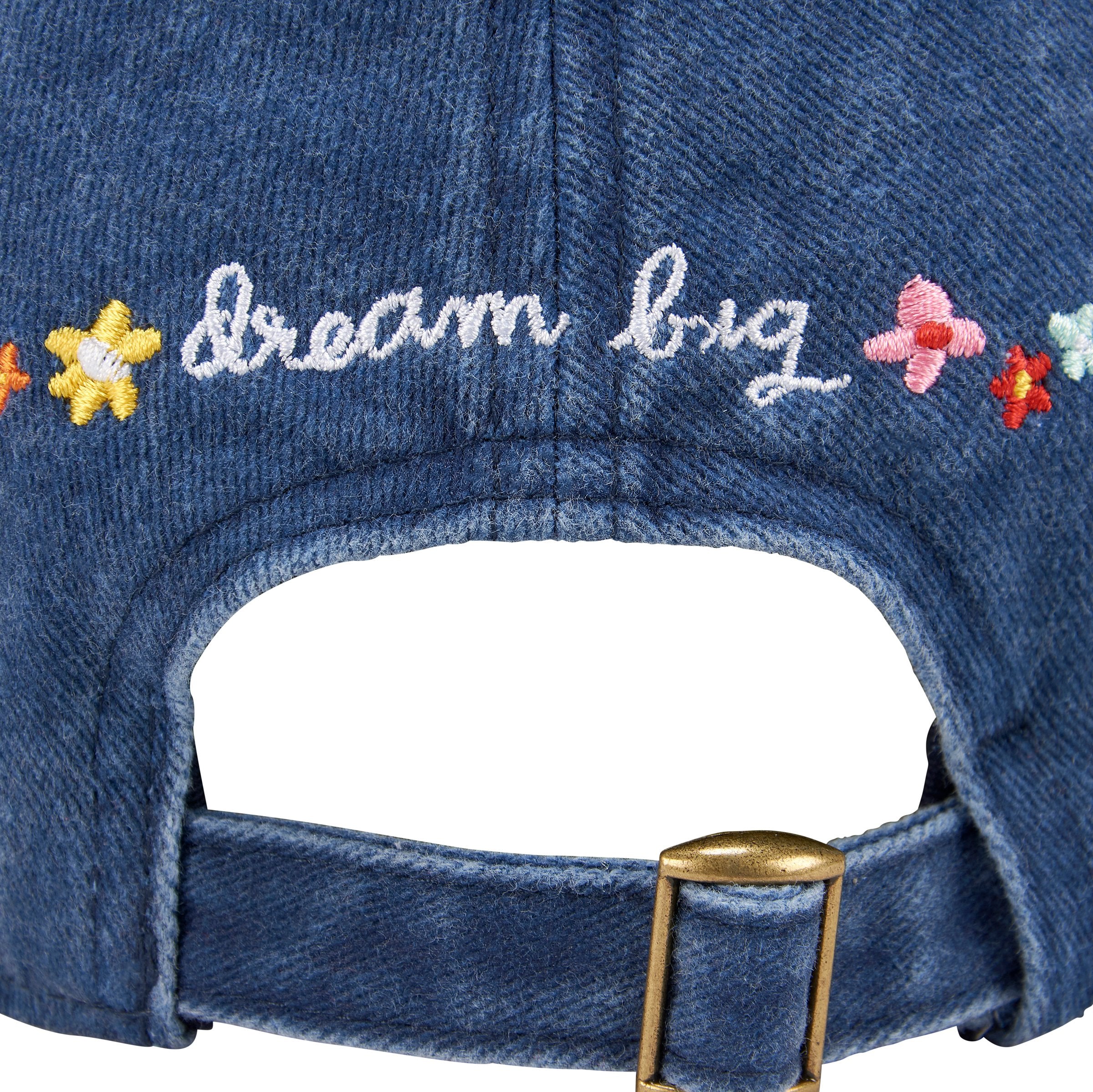 Stonewashed Blue Embroidered Floral 'Dream Big' Baseball Cap - Adjustable Cotton Hat