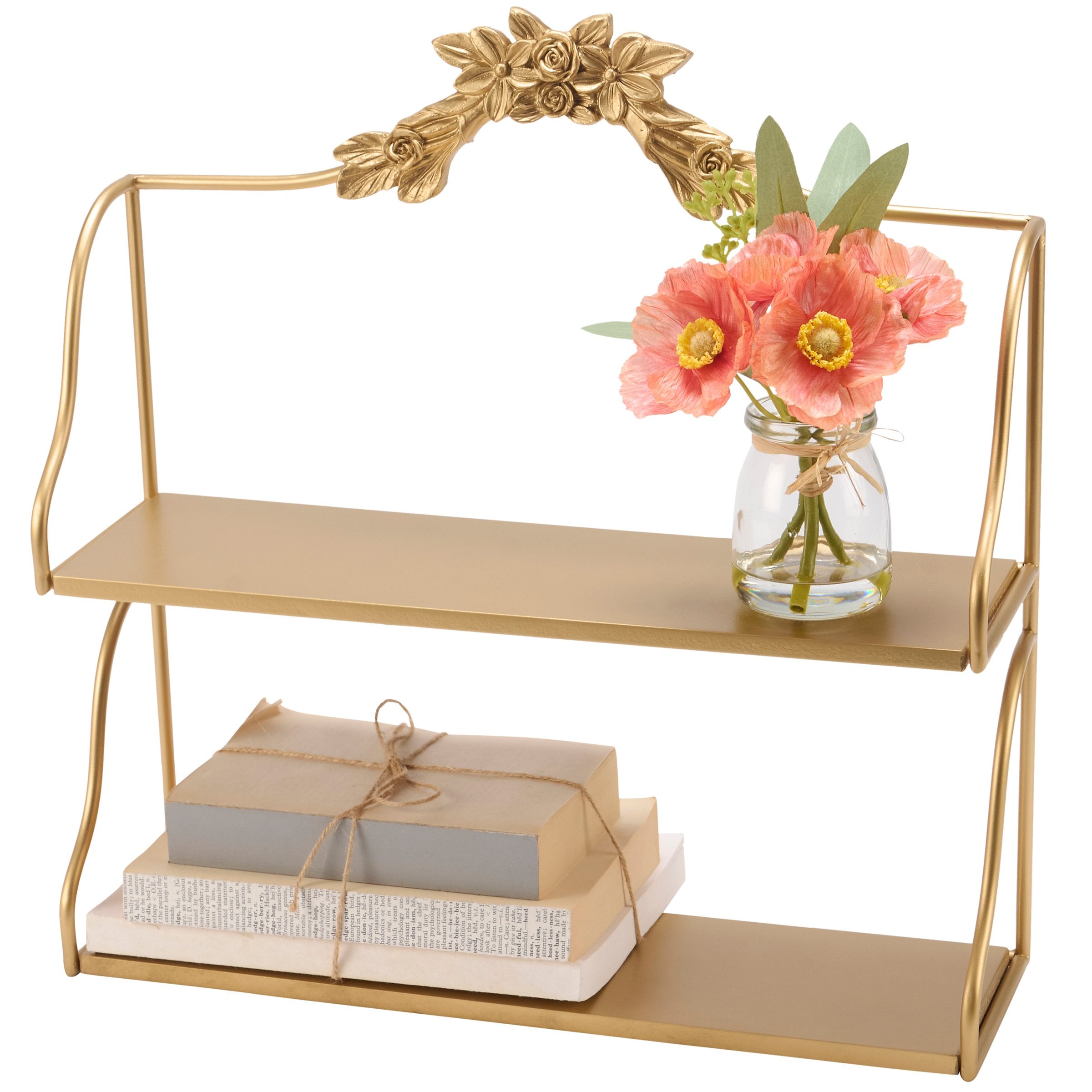 Elegant Gold Metallic Two-Tier Art Nouveau Wall Shelf with Floral Accent