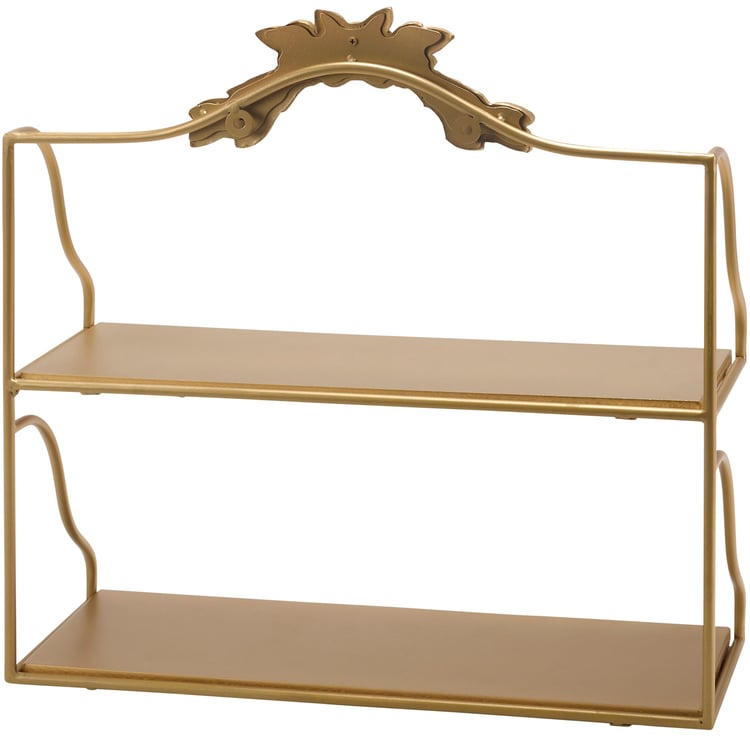 Elegant Gold Metallic Two-Tier Art Nouveau Wall Shelf with Floral Accent