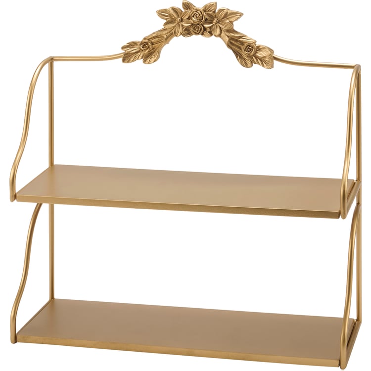 Elegant Gold Metallic Two-Tier Art Nouveau Wall Shelf with Floral Accent