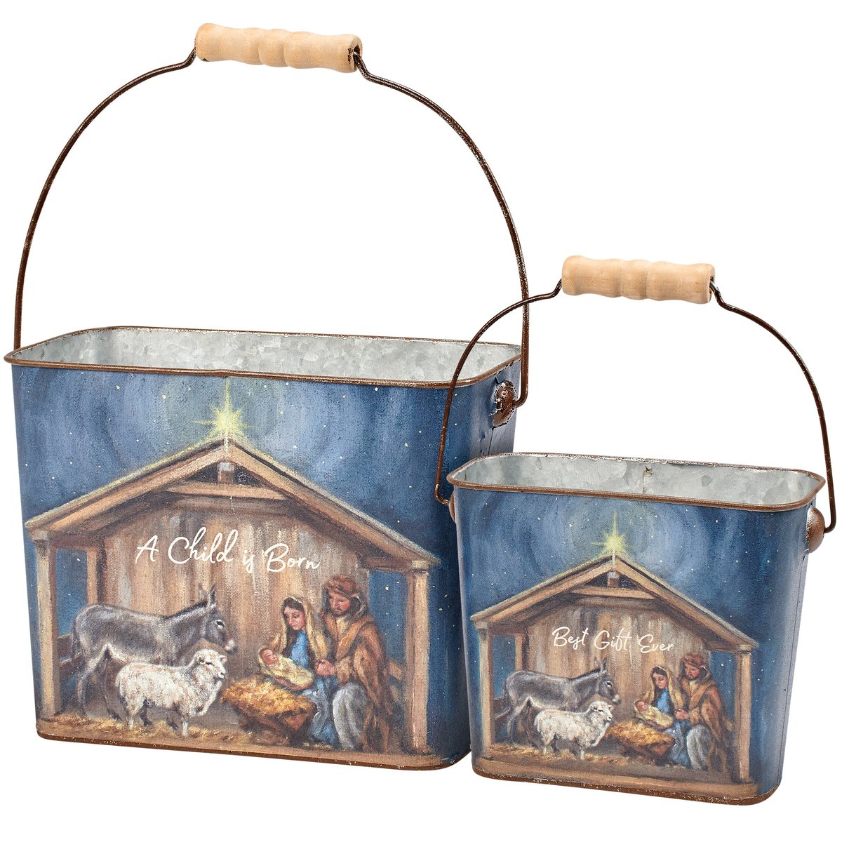 Rustic Nativity Scene Metal Bucket Set - 'A Child Is Born' Christmas Decor