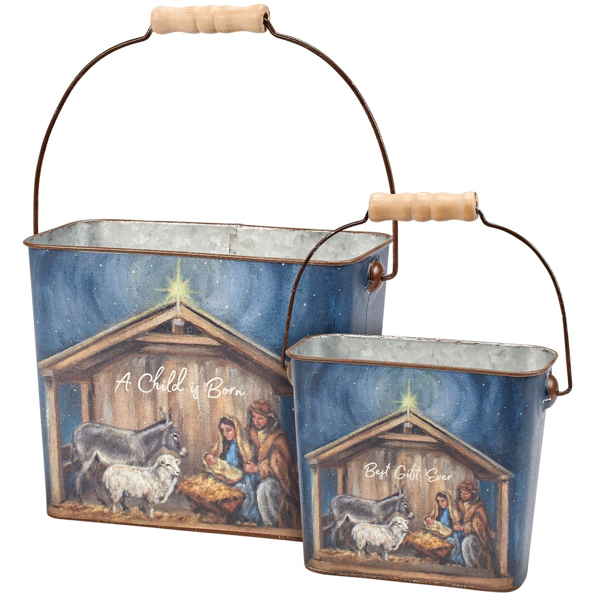 Rustic Nativity Scene Metal Bucket Set - 'A Child Is Born' Christmas Decor