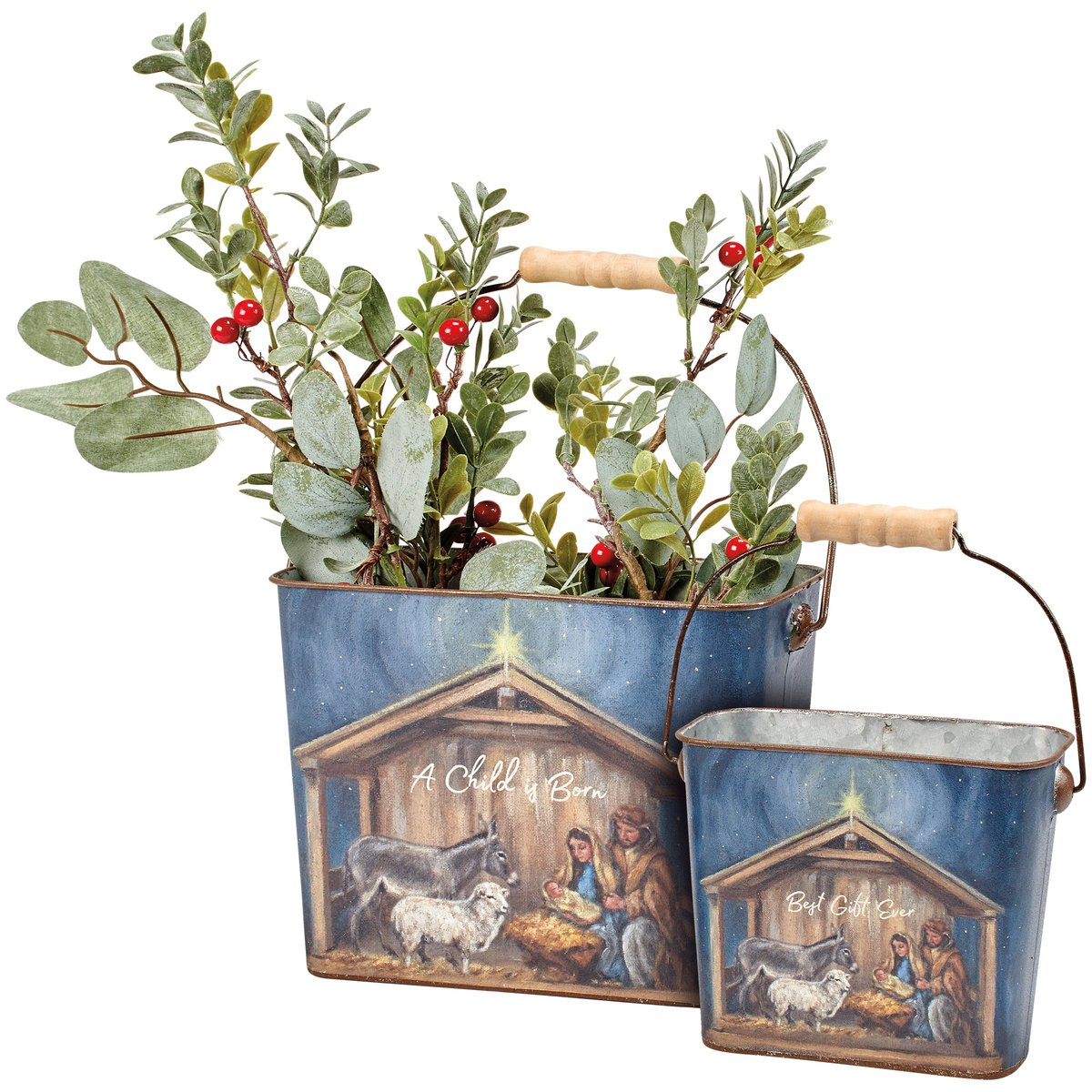 Rustic Nativity Scene Metal Bucket Set - 'A Child Is Born' Christmas Decor