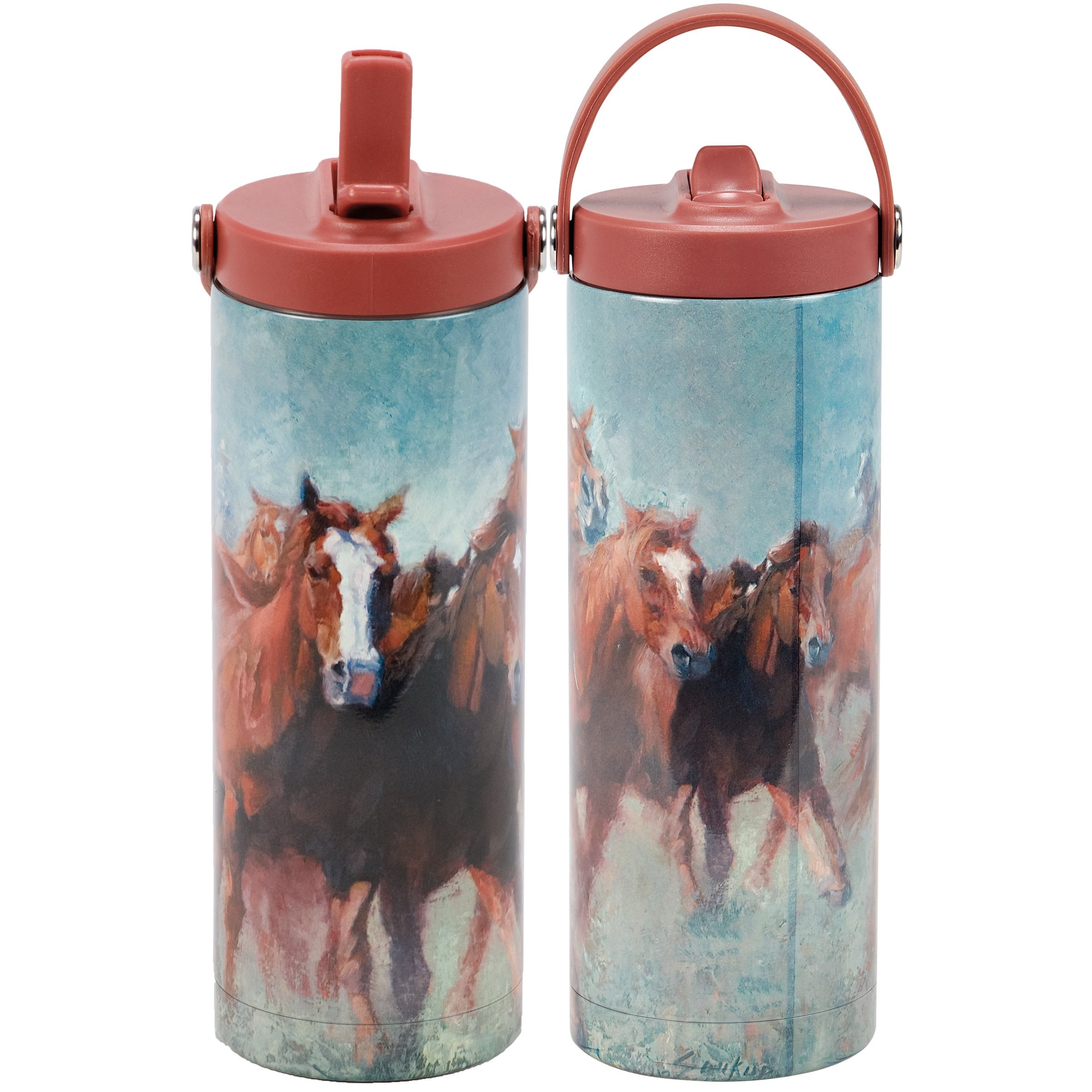 20 oz Stainless Steel Insulated Running Horses Sport Water Bottle with Straw & Strap