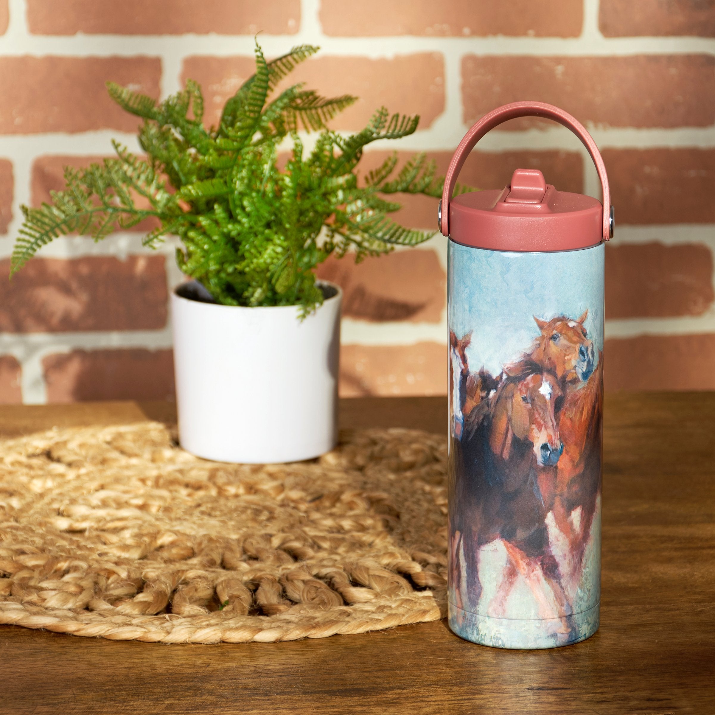 20 oz Stainless Steel Insulated Running Horses Sport Water Bottle with Straw & Strap