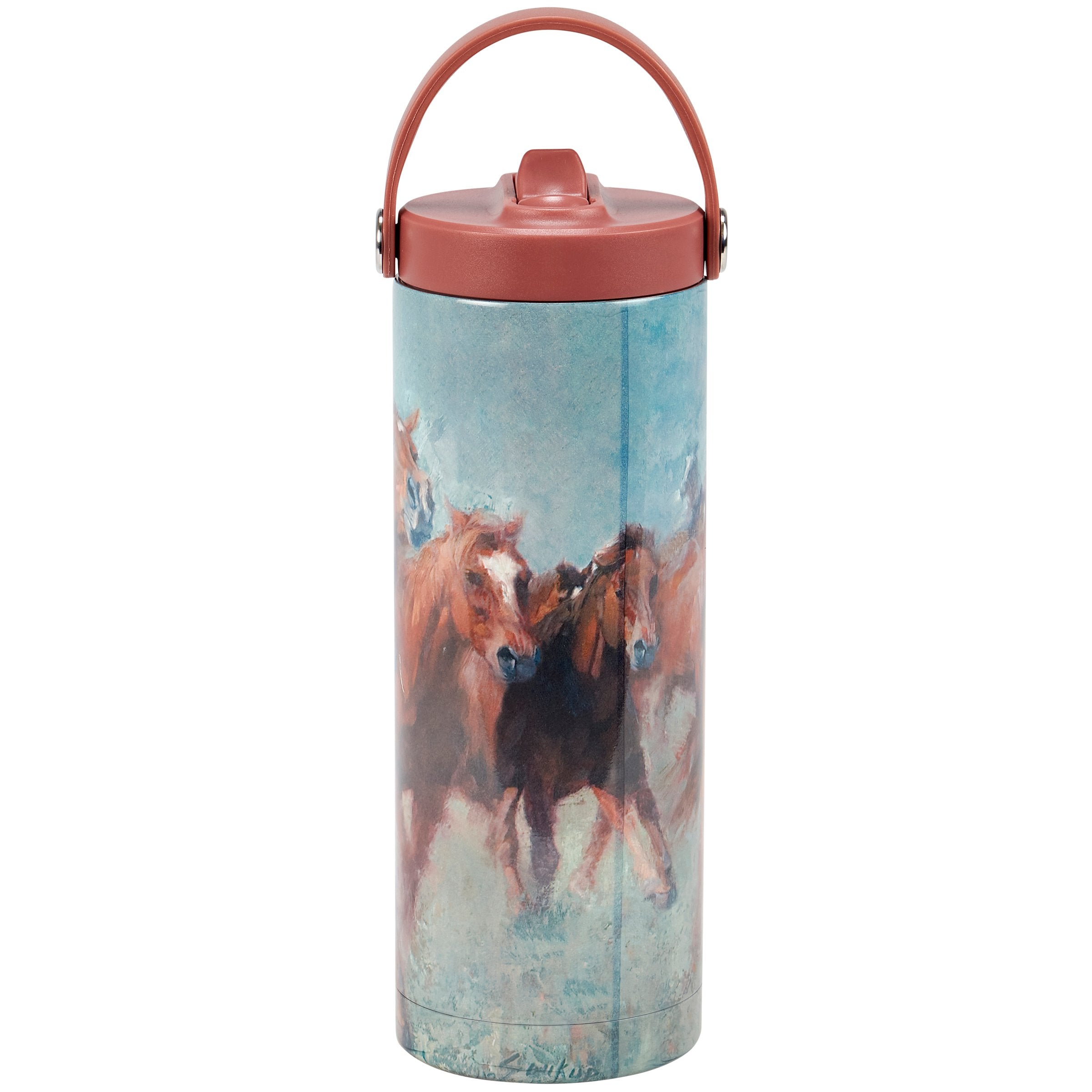 20 oz Stainless Steel Insulated Running Horses Sport Water Bottle with Straw & Strap