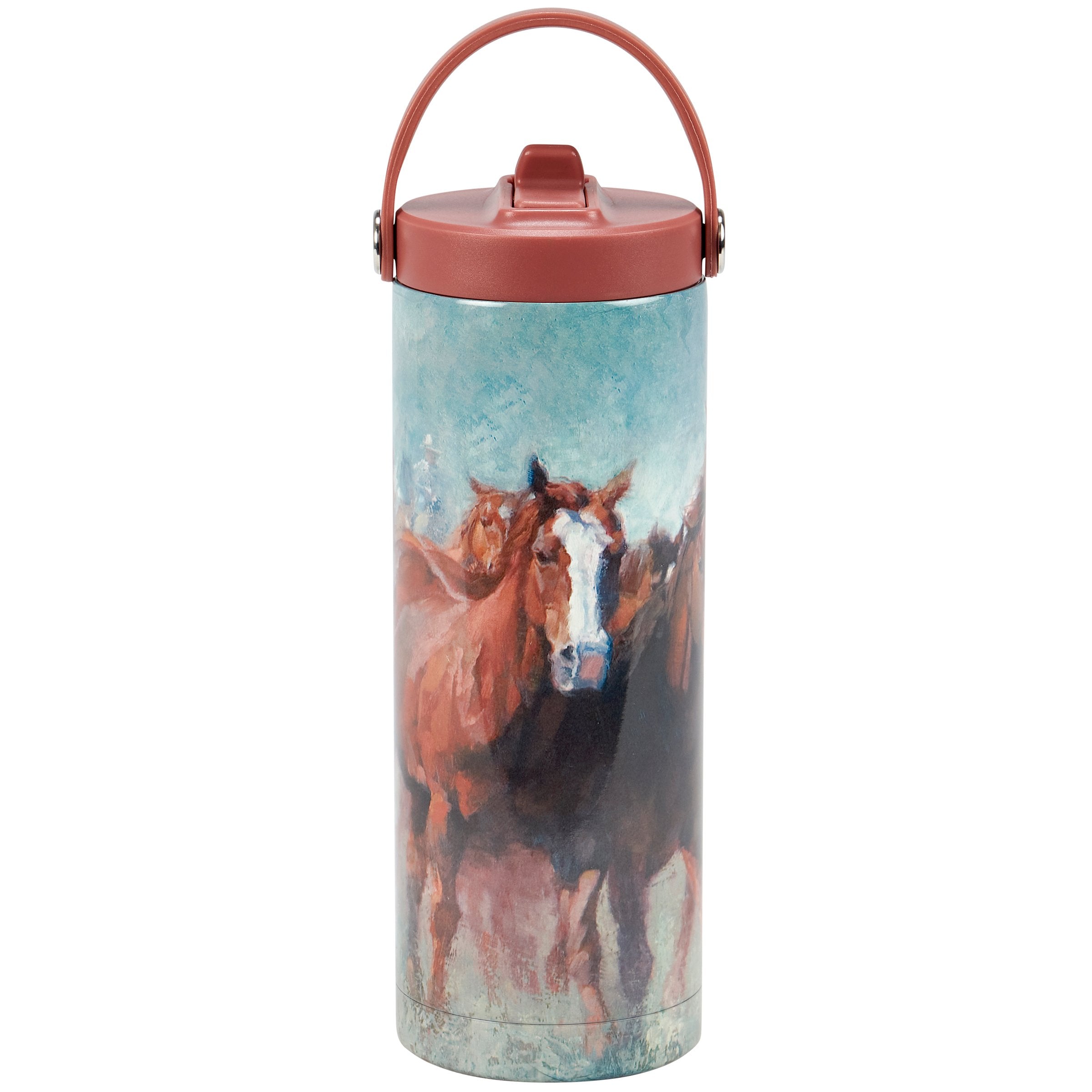 20 oz Stainless Steel Insulated Running Horses Sport Water Bottle with Straw & Strap