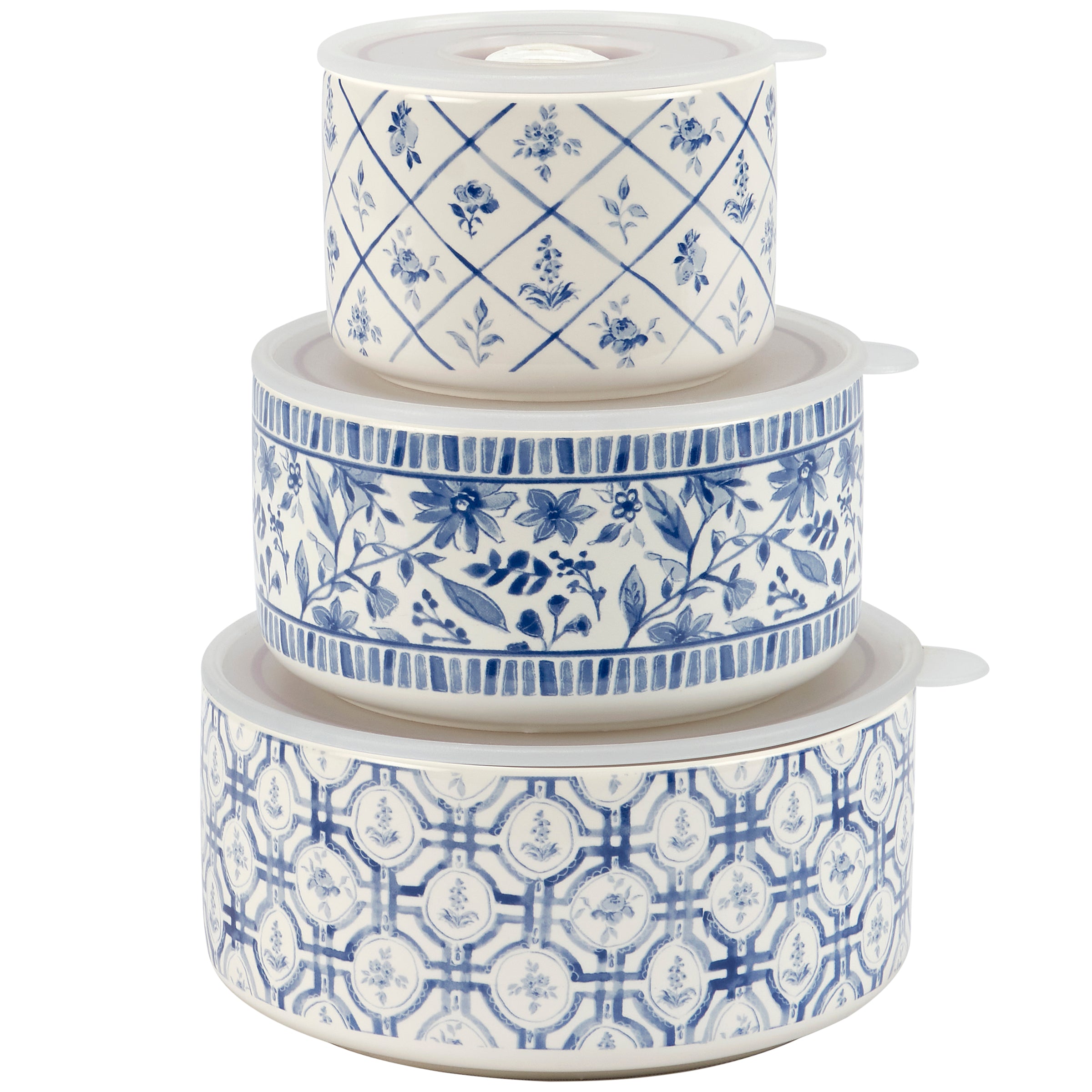 Chinoiserie Blue Floral Stoneware Server Set with Vented Lids, 3-Piece Stacking