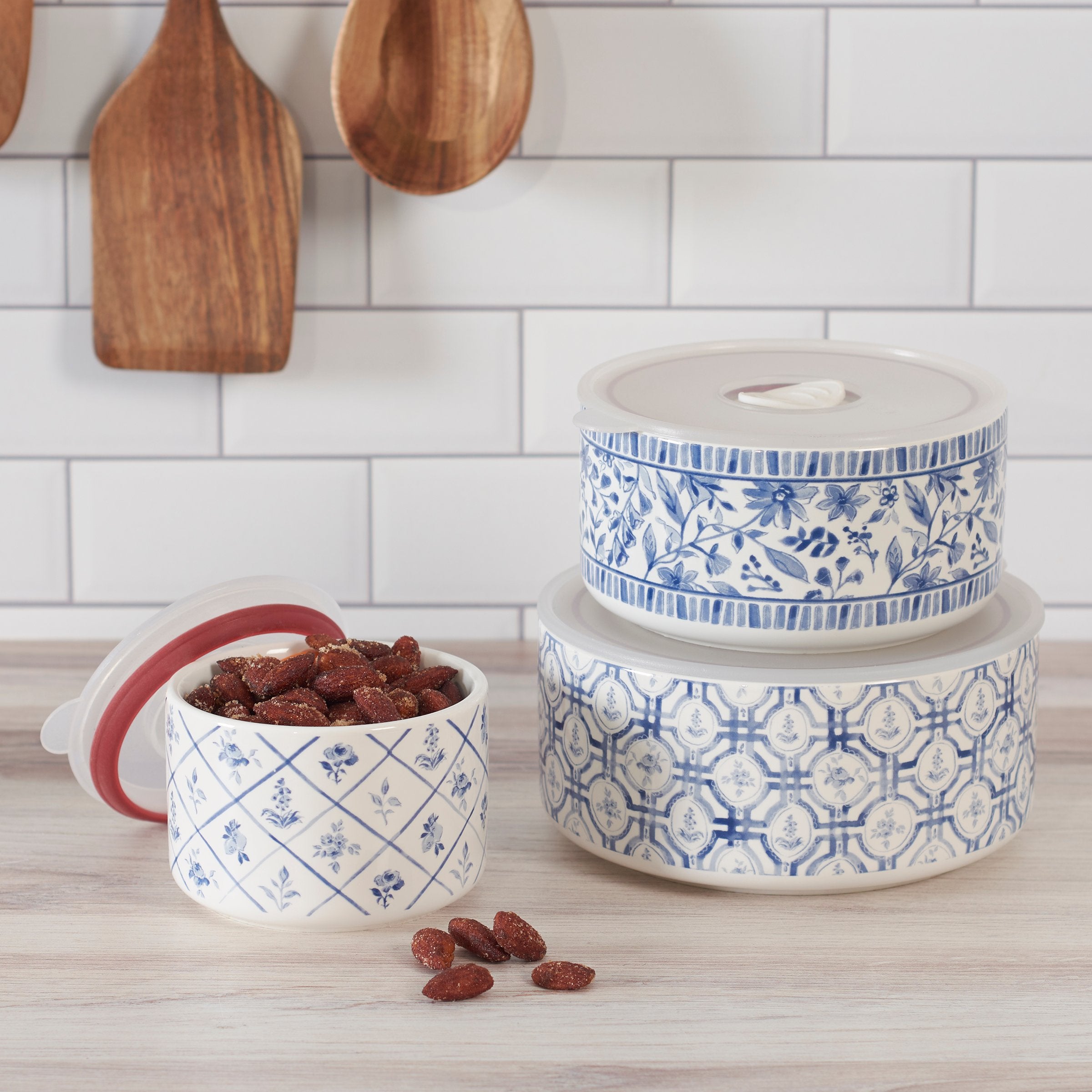 Chinoiserie Blue Floral Stoneware Server Set with Vented Lids, 3-Piece Stacking