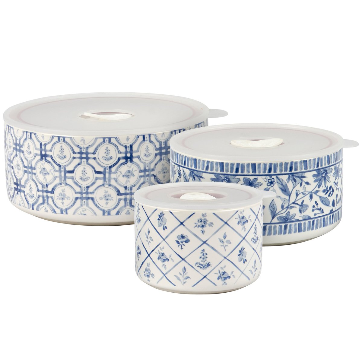 Chinoiserie Blue Floral Stoneware Server Set with Vented Lids, 3-Piece Stacking