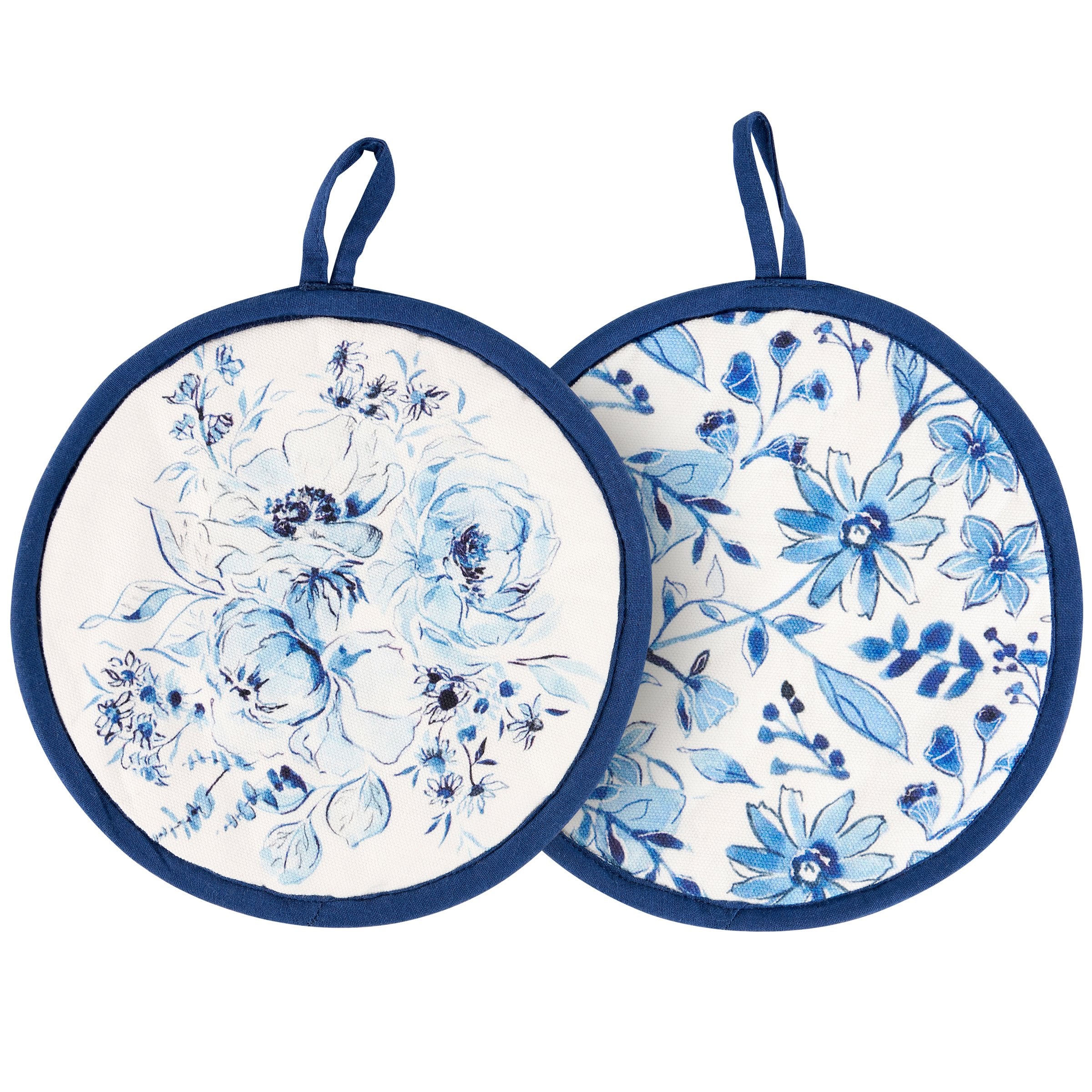 Chinoiserie Blue Florals Double-Sided Cotton Hot Pad Set for Kitchen