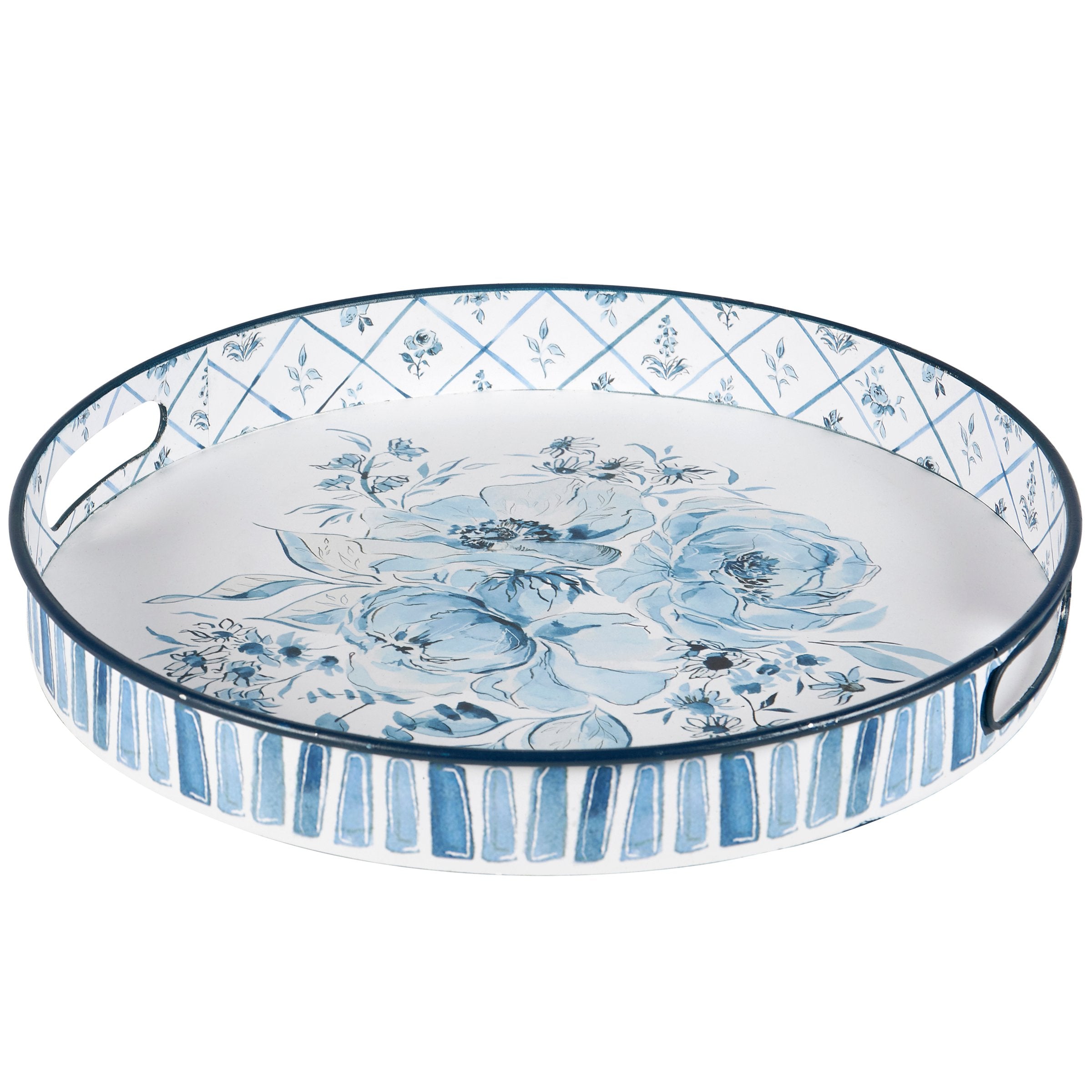 Charming Chinoiserie Blue Floral Metal Serving Tray with Dual Handles