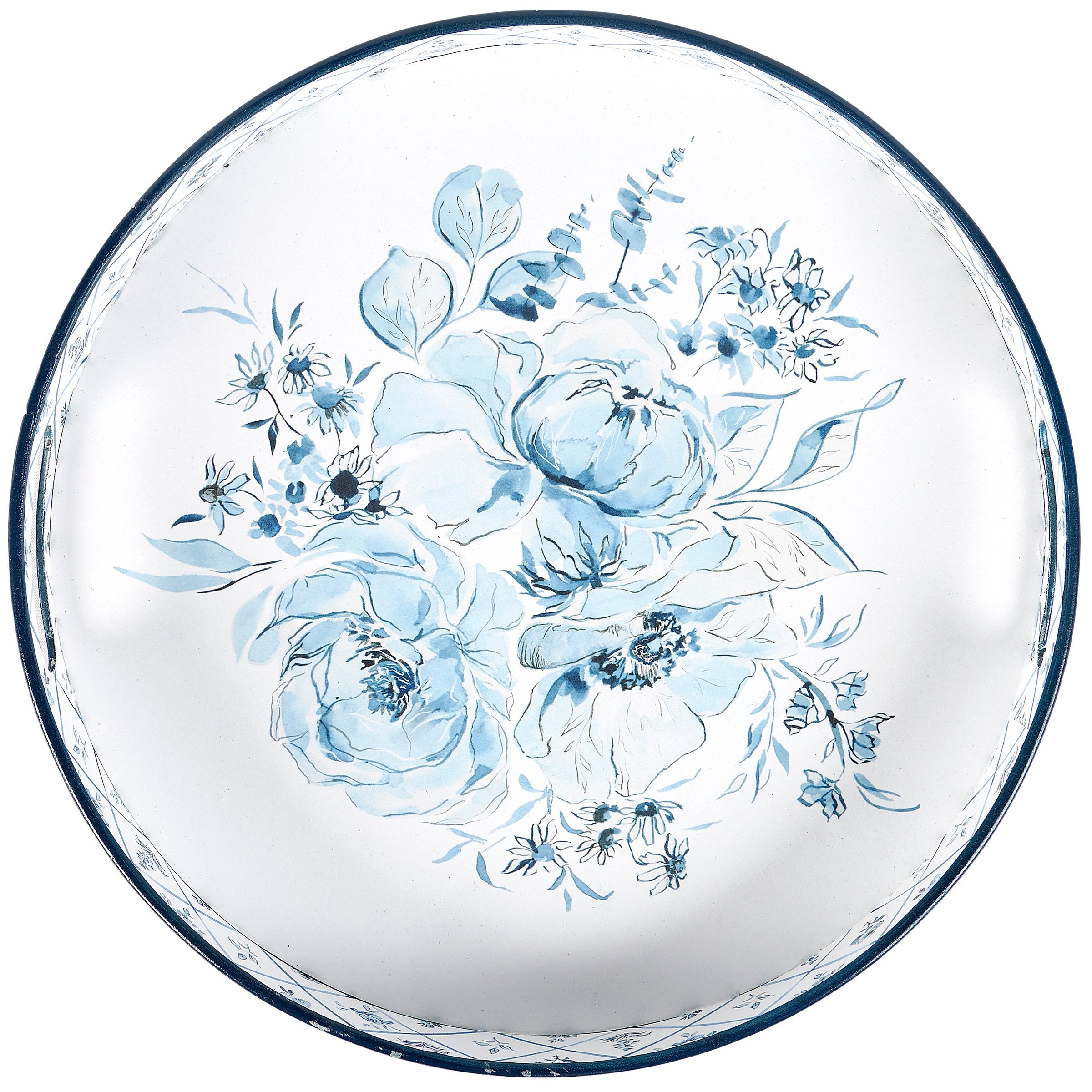 Charming Chinoiserie Blue Floral Metal Serving Tray with Dual Handles