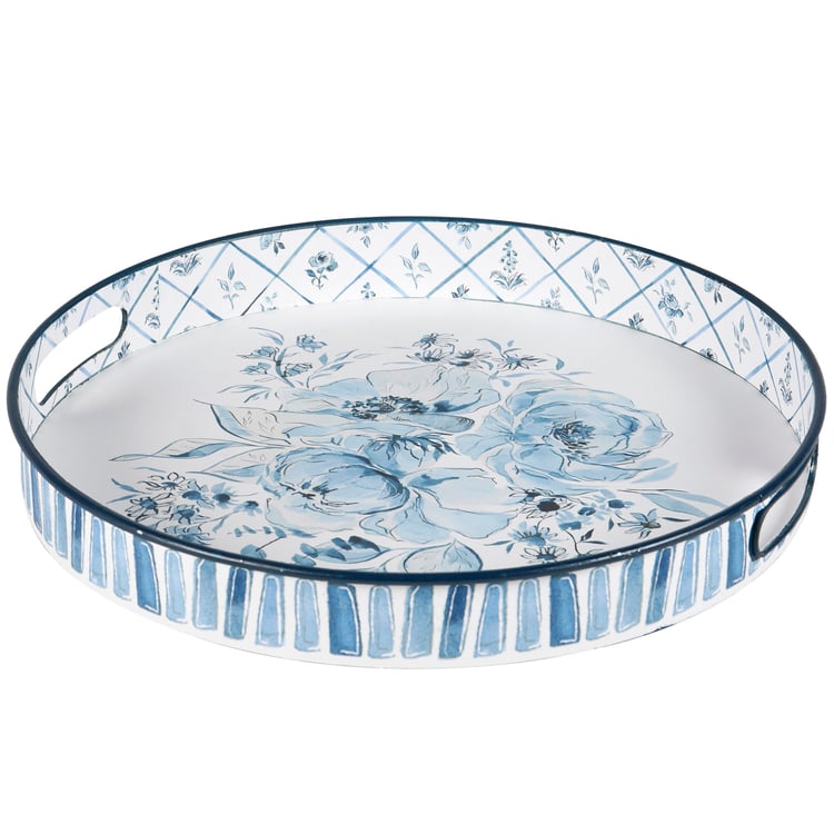 Charming Chinoiserie Blue Floral Metal Serving Tray with Dual Handles