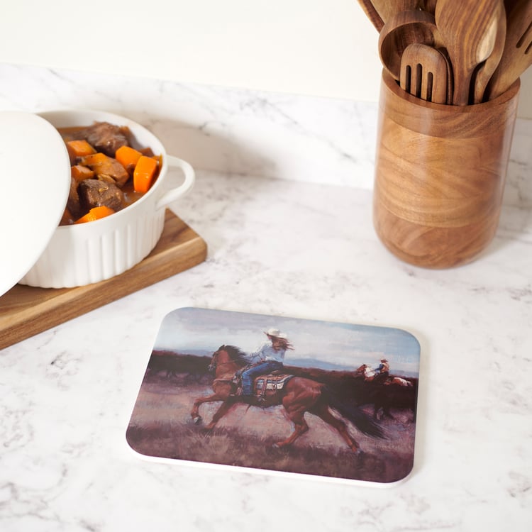 Rustic Cowgirl Roundup Stone Trivet with Cork Base - Western Horse Art Decor