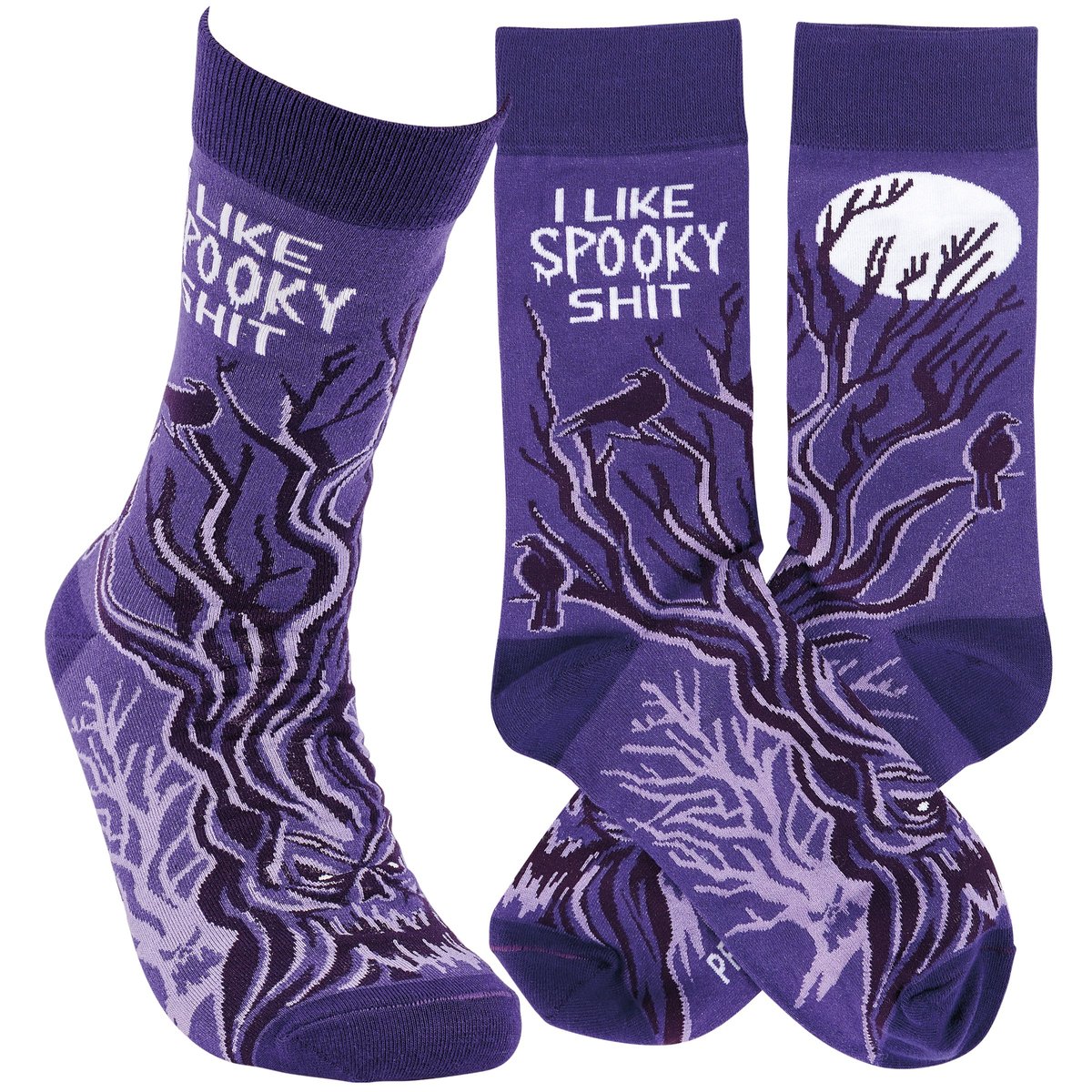 Funny 'I Like Spooky Shit' Halloween Socks - Purple Trees & Crows Graphic
