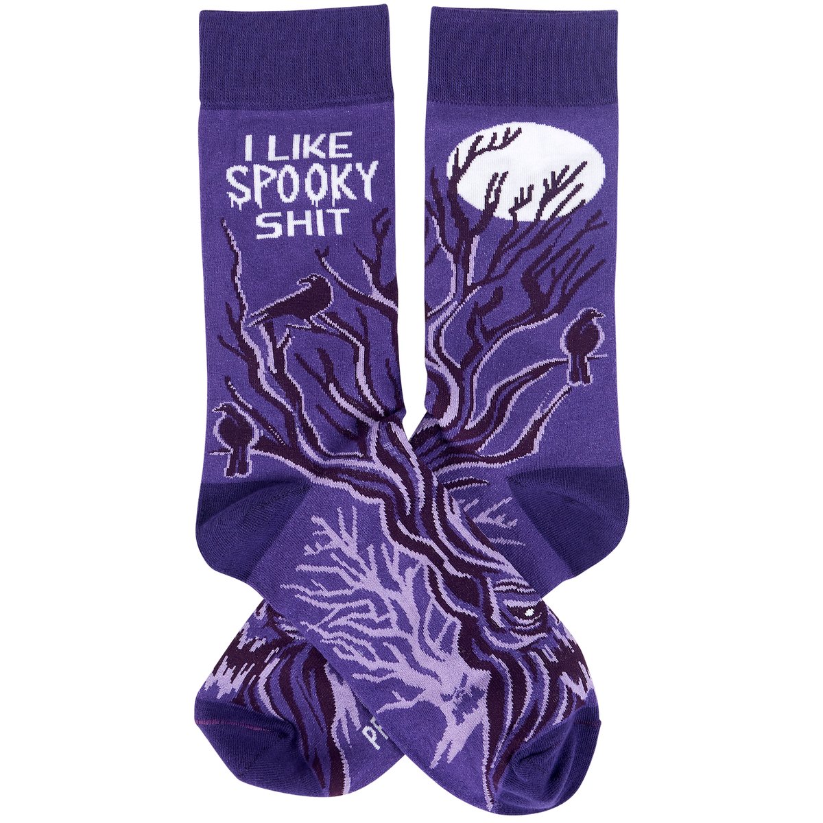 Funny 'I Like Spooky Shit' Halloween Socks - Purple Trees & Crows Graphic
