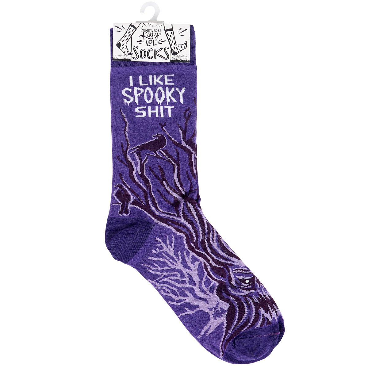 Funny 'I Like Spooky Shit' Halloween Socks - Purple Trees & Crows Graphic