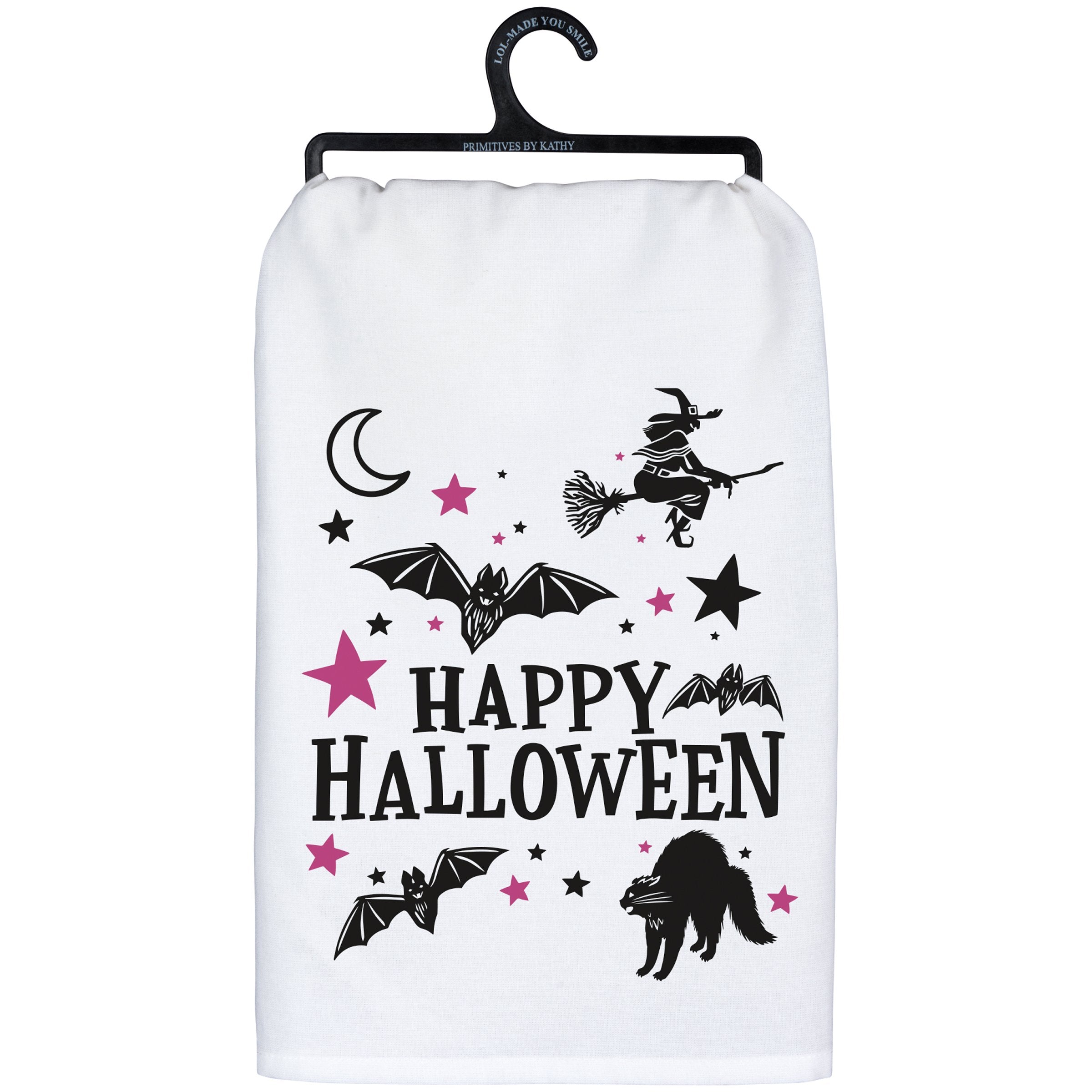 Spooky Fun Halloween Cotton Kitchen Towel - Witch & Bat Design
