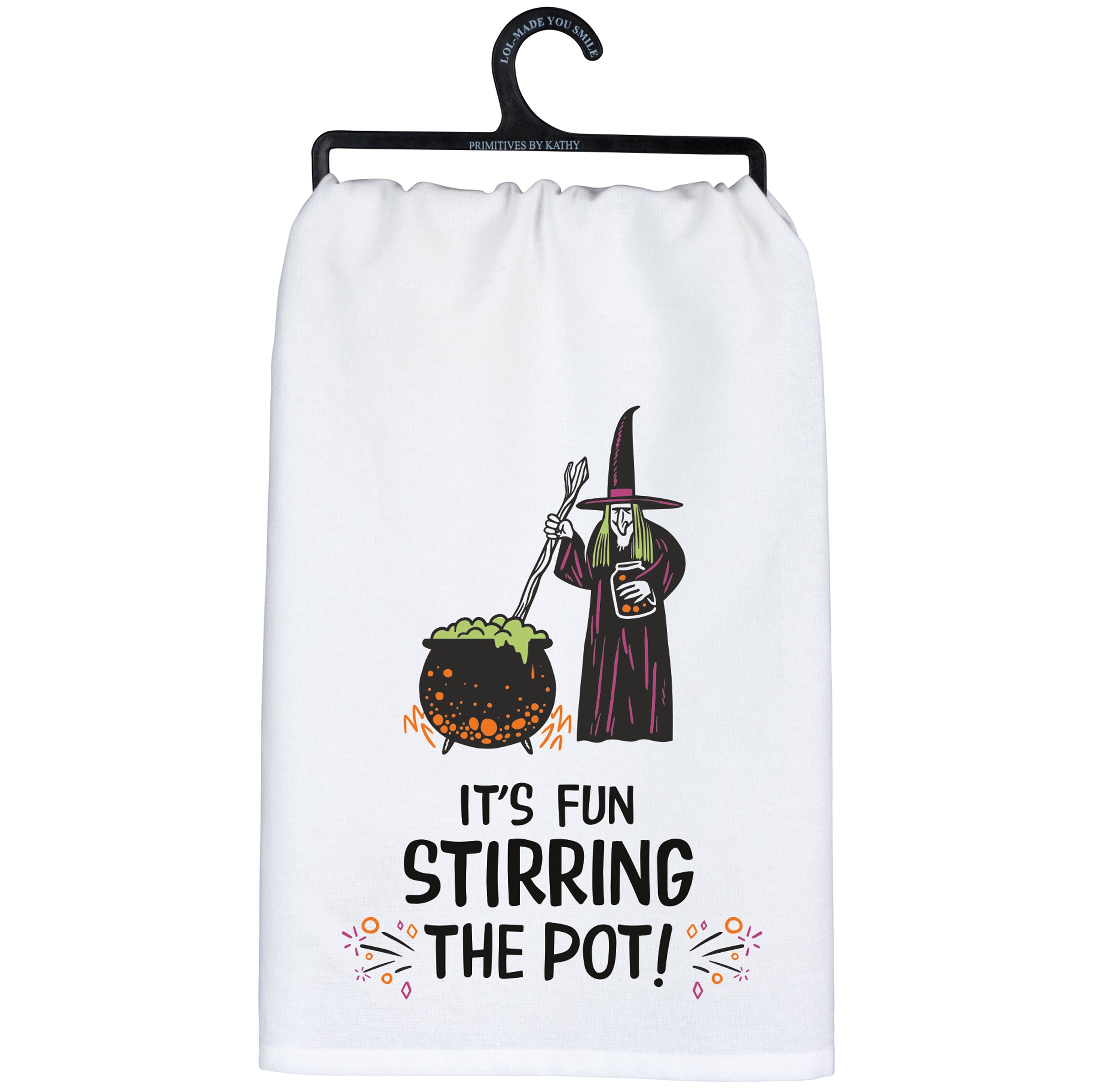 Fun Witchy Halloween Cotton Kitchen Towel - 'It's Fun Stirring The Pot!'