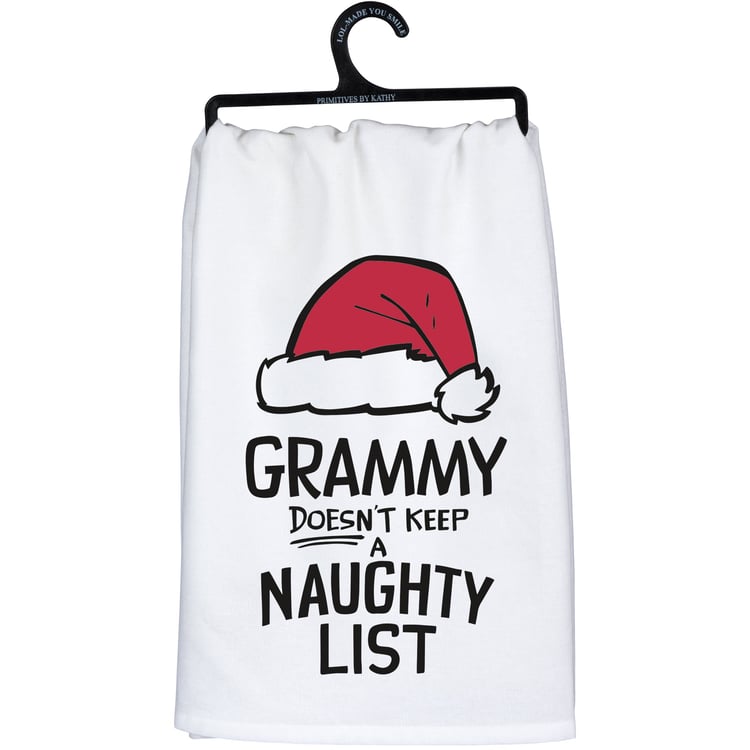 Festive Grammy Cotton Kitchen Towel - Santa Hat, No Naughty List Quote